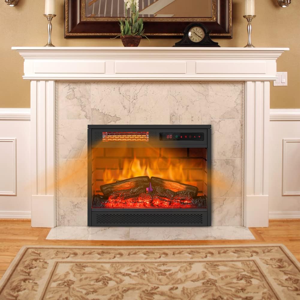 22” Electric Fireplace Insert Heater with Log Flame Effect, Recessed Infrared Heater with Remote Control Timer LED Display Adjustable Thermostat and Lightness Overheat Protection for Home Room, Black