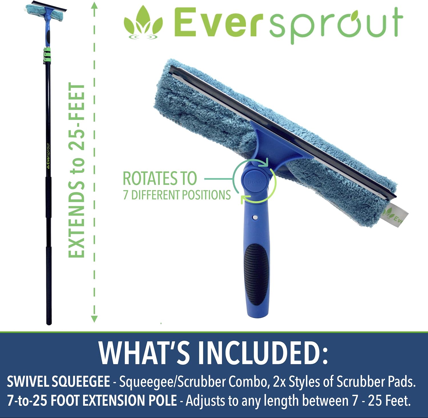 EVERSPROUT 7-to-25 Foot Swivel Squeegee and Microfiber Window Scrubber (30+ Foot Reach) | 2-in-1 Window & Glass Cleaning Combo with Heavy-Duty Aluminum Extension Pole | Includes 10-inch Blade