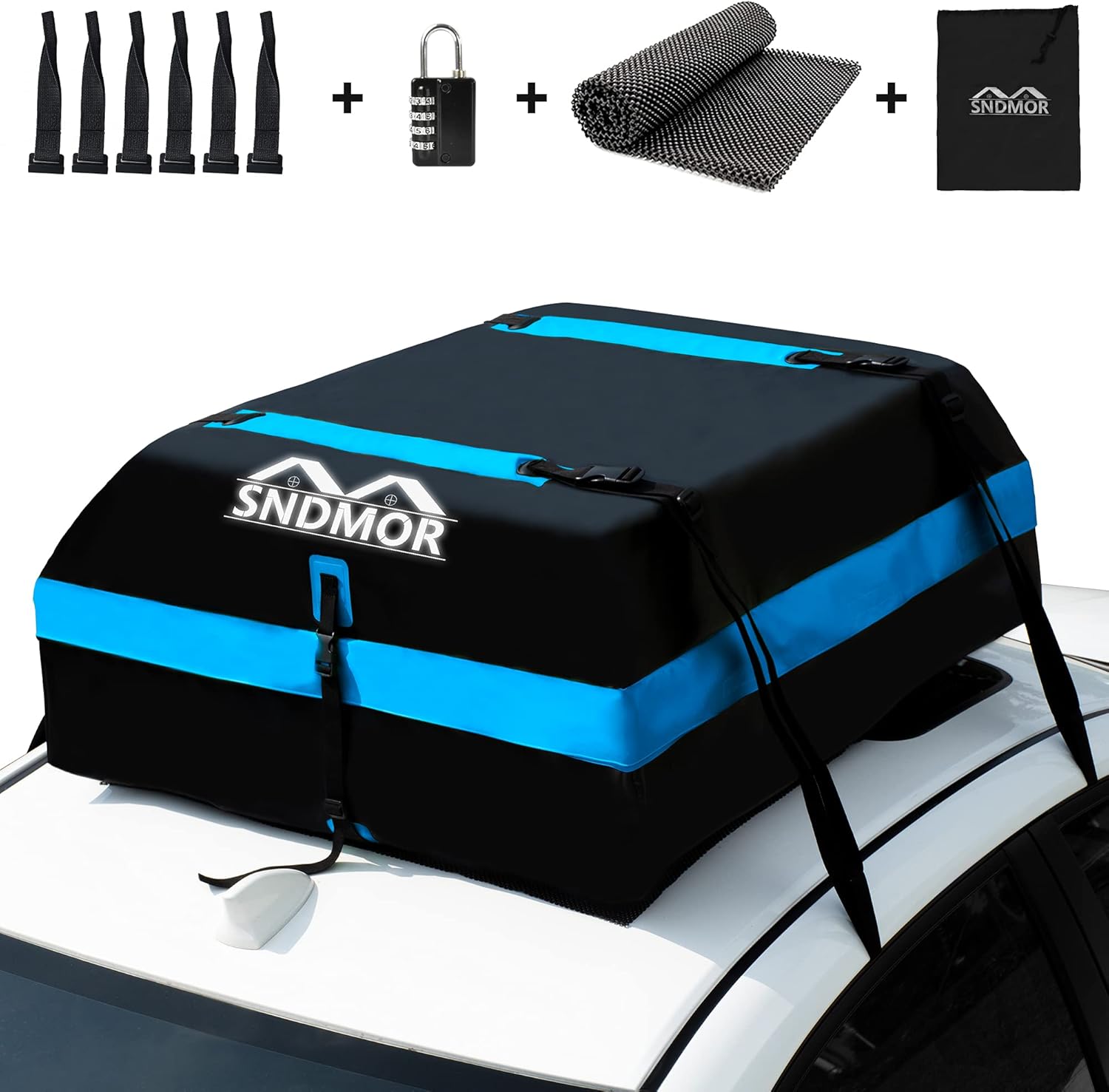 SNDMOR Car Roof Bag,21 Cubic Feet Waterproof Car Rooftop Cargo Carrier Bag, roof Bag Cargo Carrier for All Vehicle with/Without Racks,Includes Anti-Slip Mat+ 6 Reinforced Straps+ 6 Door Hooks