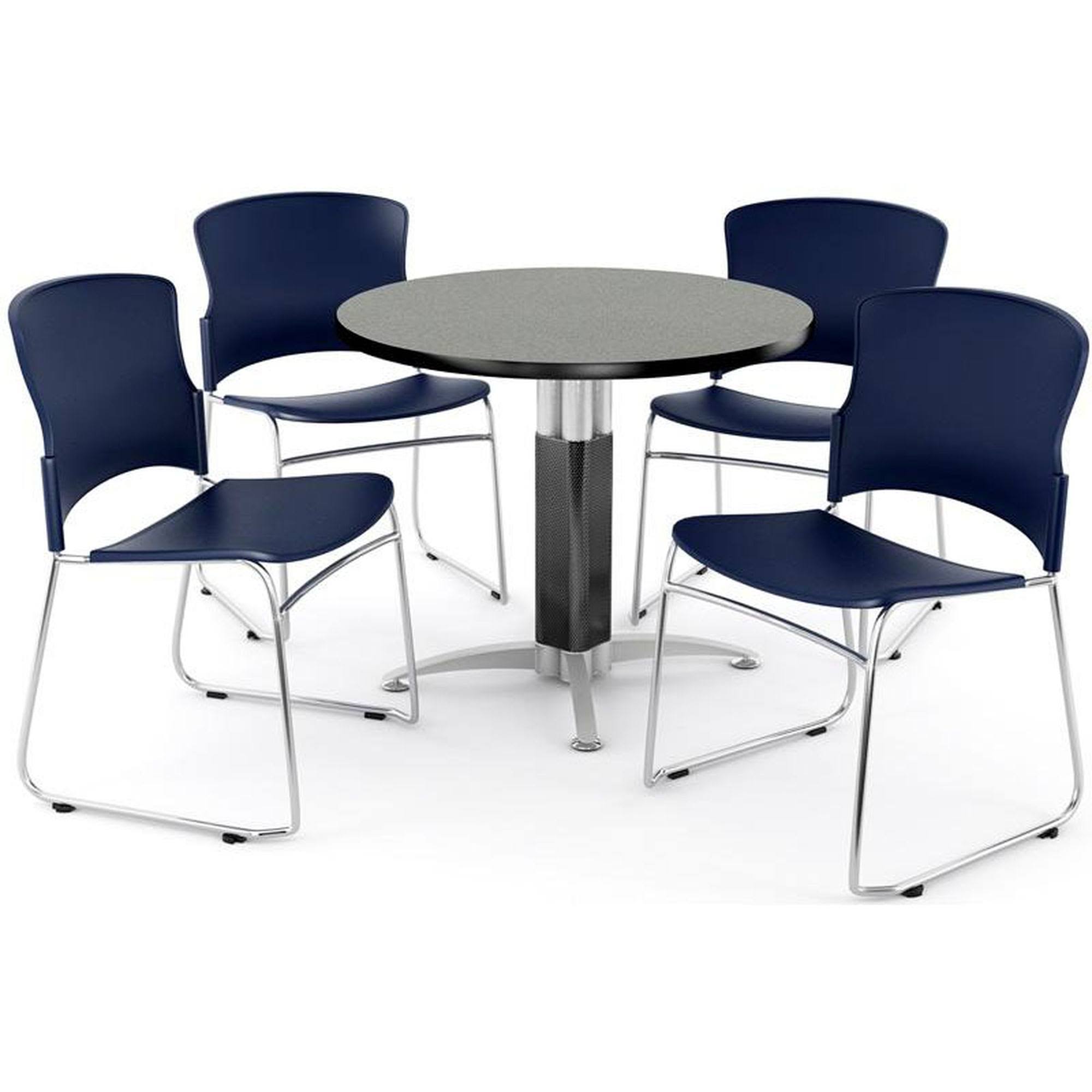 Ofm Breakroom Package, 36x22 Round Mesh Base Multipurpose Gray Nebula Table with Four Navy Plastic Multi-Use Stack Chairs