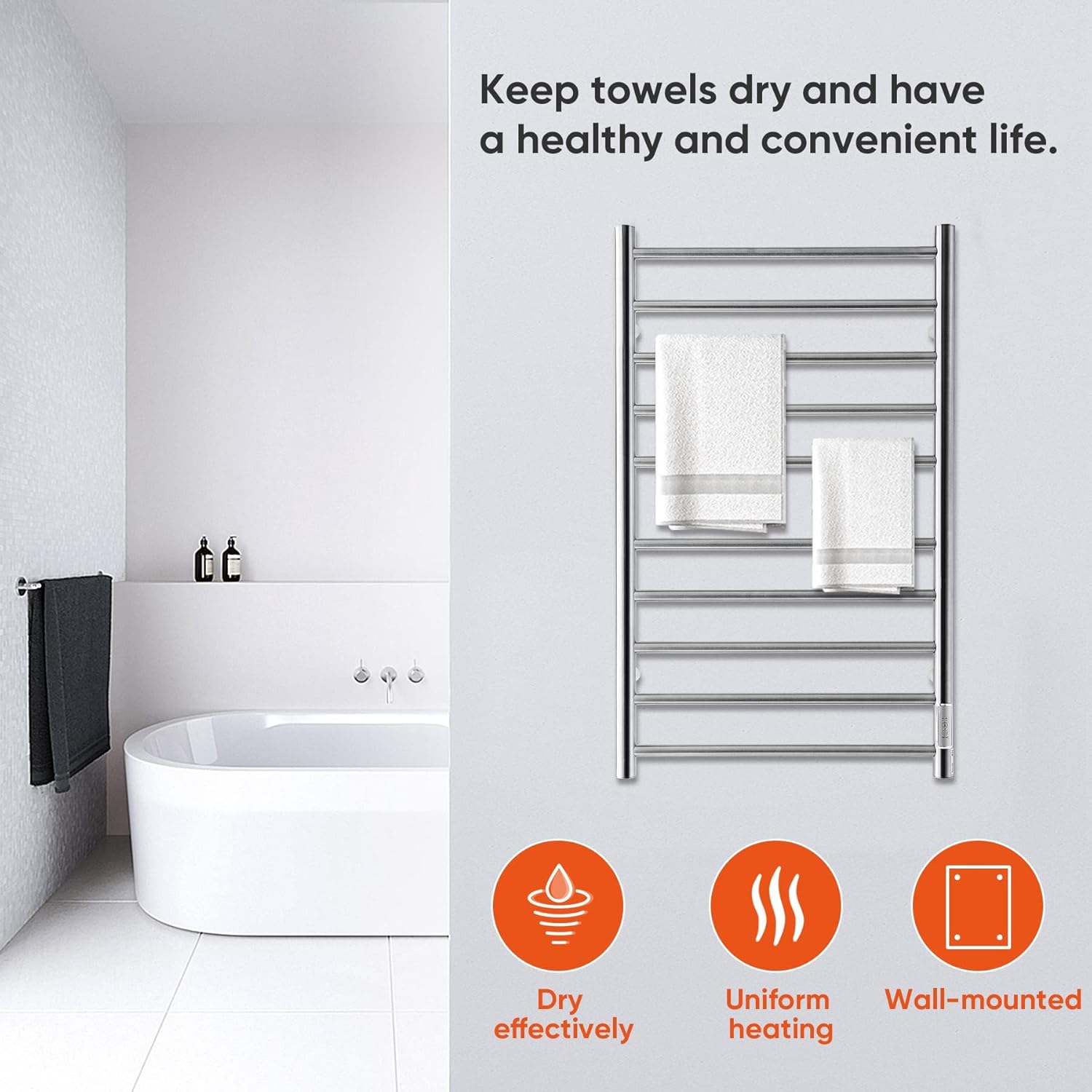 REECOO Towel Warmer Wall-Mounted Electric&nbsp;Towel&nbsp;Racks for Bathroom with Timer, Plug-in and Hardwired Options 24H Thermostatic Stainless Steel Drying Heated Towel Rack Suitable for Homes, Hotels