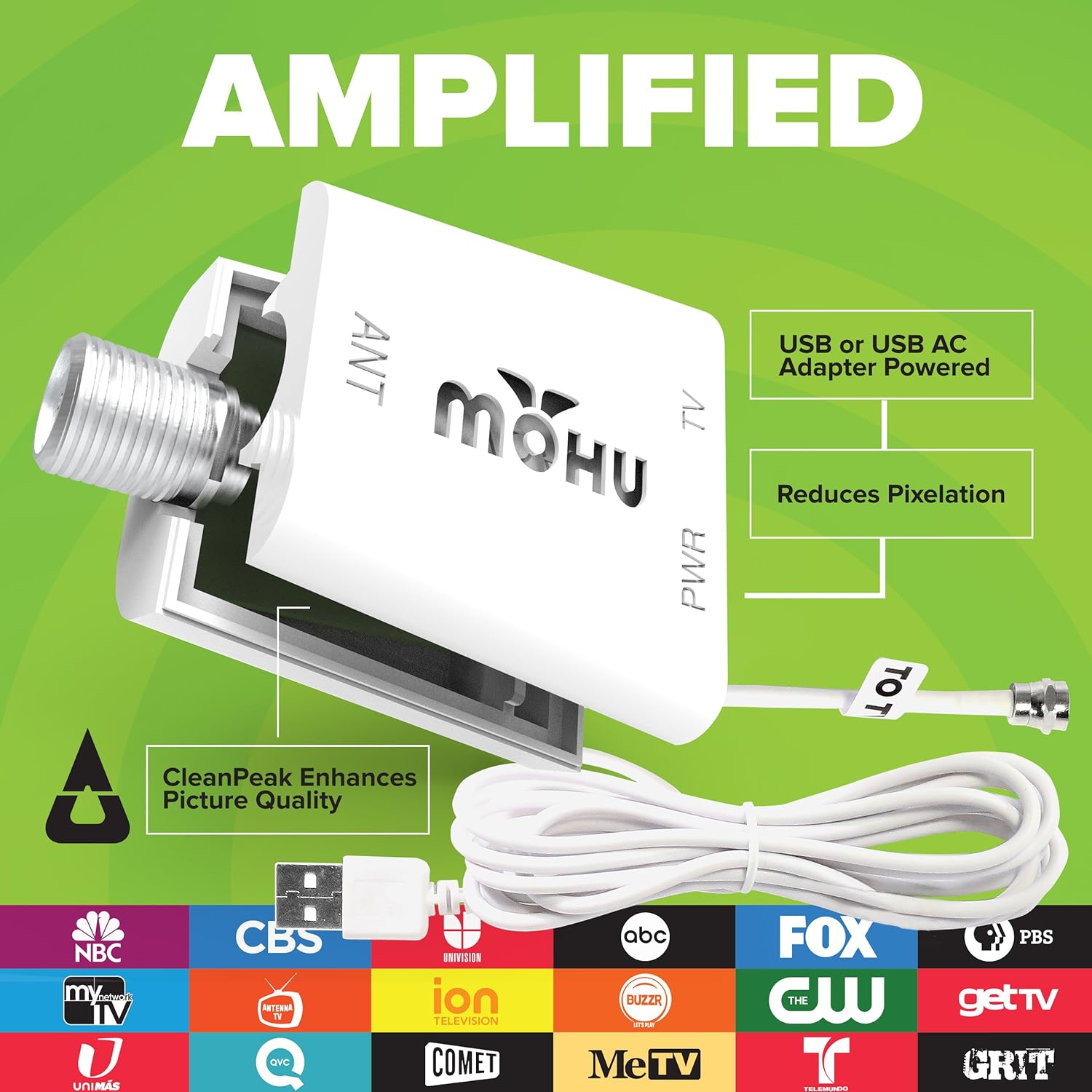 Mohu Leaf 50 Indoor Hdtv Antenna, Amplified, 60 Mile Range, Original Paper-Thin, Reversible, Paintable, 4K-Ready, 16 Foot Detachable Cable, Premium Materials for Performance, Usa Made, MH-110599 Pack of 2