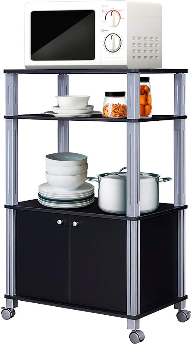 Giantex Rolling Kitchen Baker&rsquo;s Rack Microwave Oven Stand Utility Cart Multifunctional Display Shelf on Wheels with 2-Tier Shelf and Cabinet Spice Organizer for Kitchen Dining Room Furniture (Black)