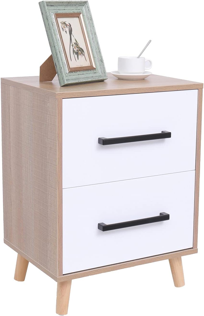 VIPACE Nightstand, End Side Table with 2 Drawer, Bedside Table with Solid Wood Legs, Modern Storage Cabinet for Bedroom Living Room Furniture (White&Walnut)