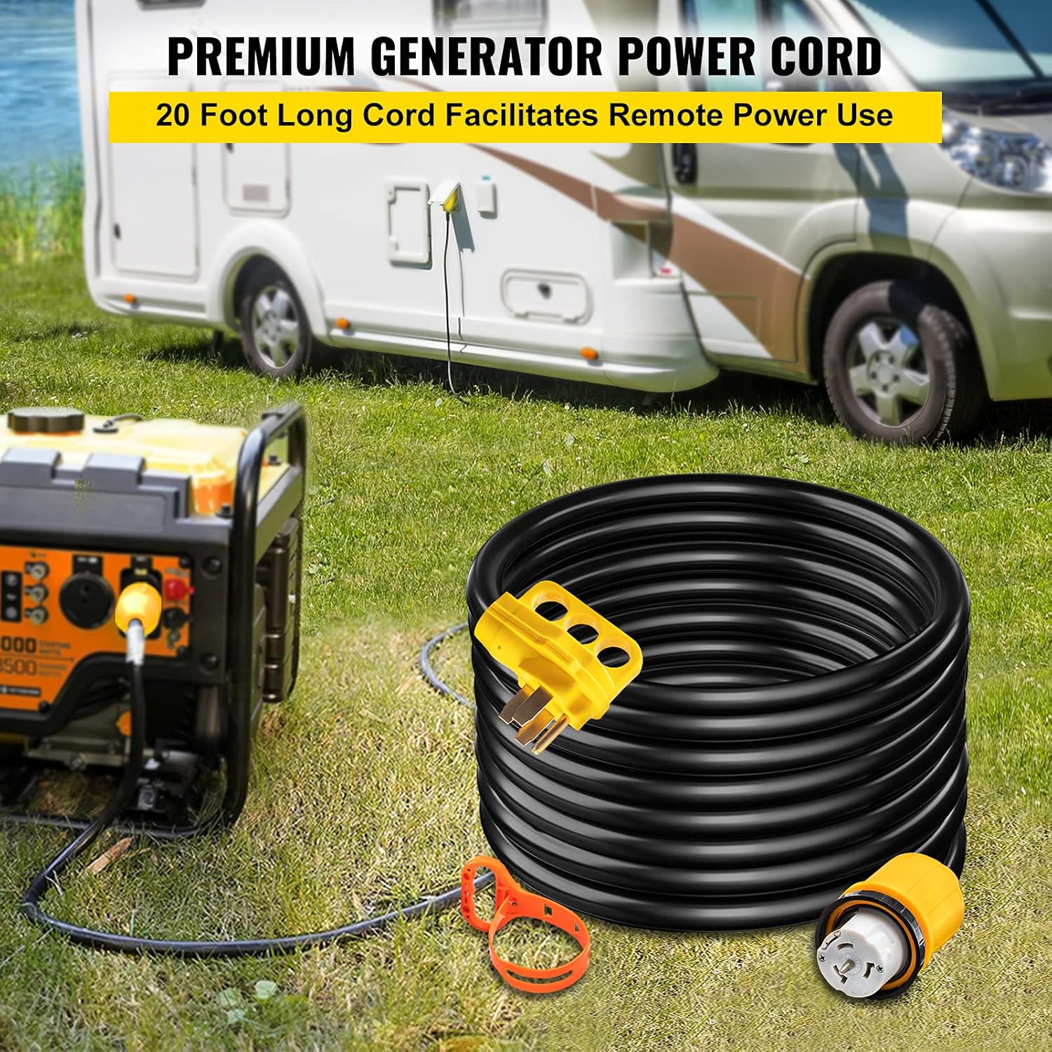 VEVOR Heavy Duty Generator Cord, 20 Feet Generator Power Cord, 50AMP ETL Listed Cord, 12000 Watts Black Cable, SS2-50R Generator Plug, SS2-50P Extension Cord, 125/250V Generator Wire w/Portable Strap