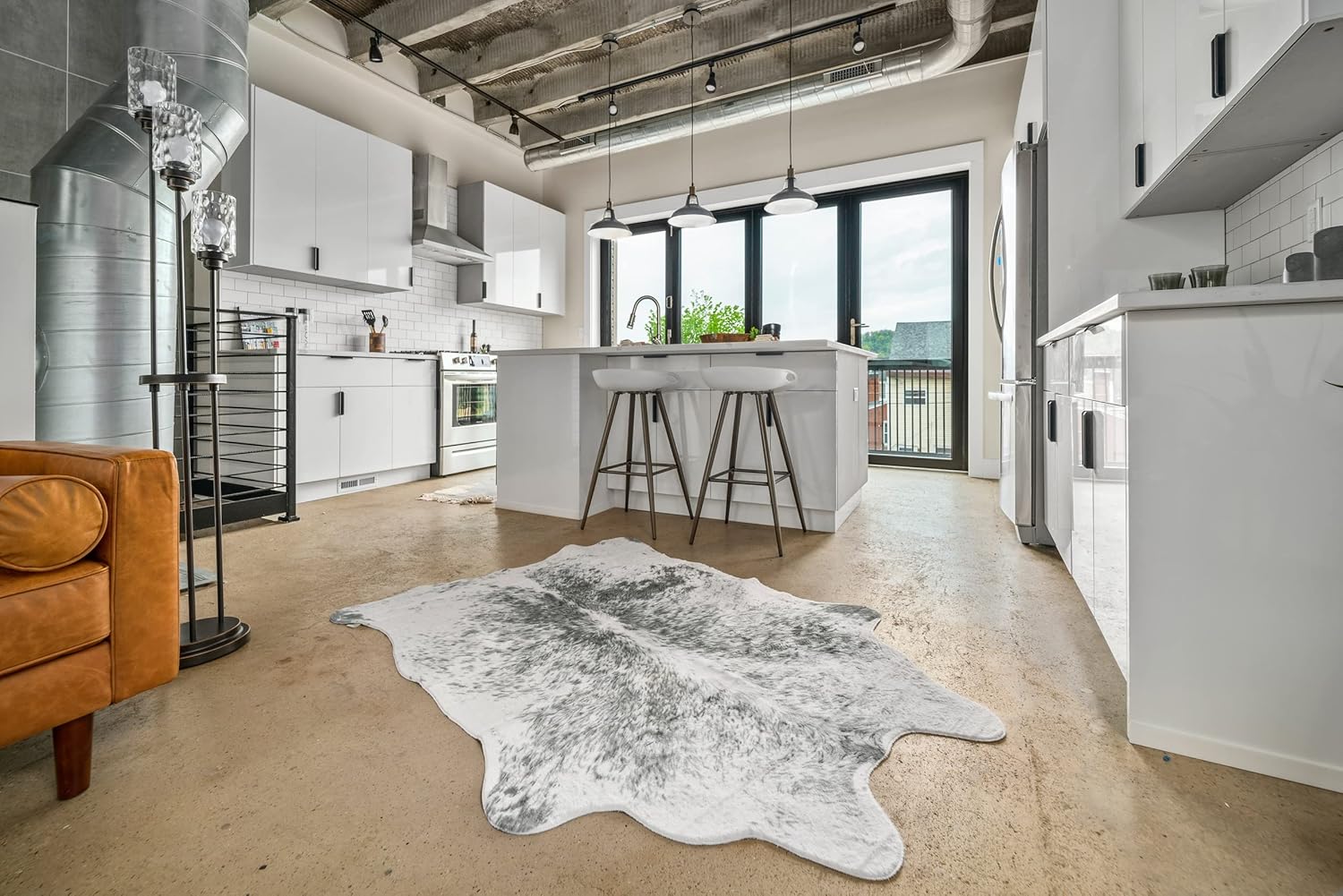 NativeSkins Large Faux Cowhide Rug - Chalk and Board (4.6ft x 6.6ft) - White/Gray Cow Print Area Rug for a Western Boho Decor - Synthetic, Cruelty-Free Animal Hide Carpet with No-Slip Backing