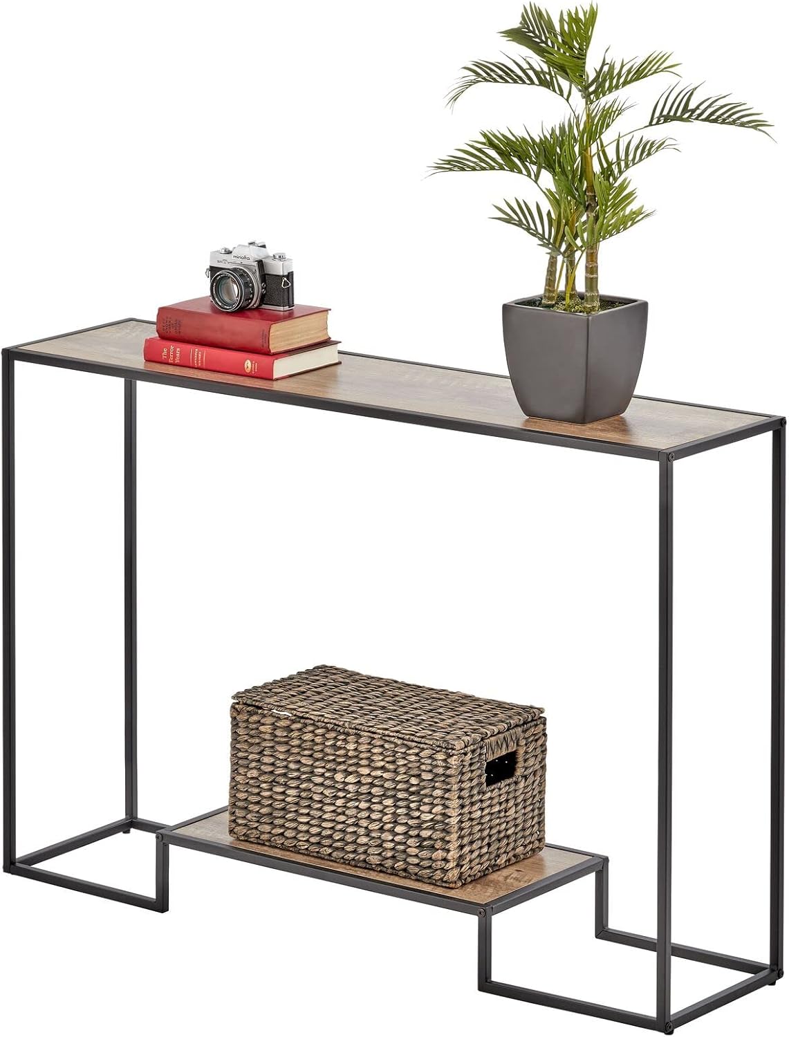 mDesign Modern Metal and Wood Inlay Console Table - Sturdy Metal Frame, Wood Top - Furniture Unit for Living Room, Bedroom, Hallway, Entryway - Inlay Bottom Shelf - Black/Nordic Walnut