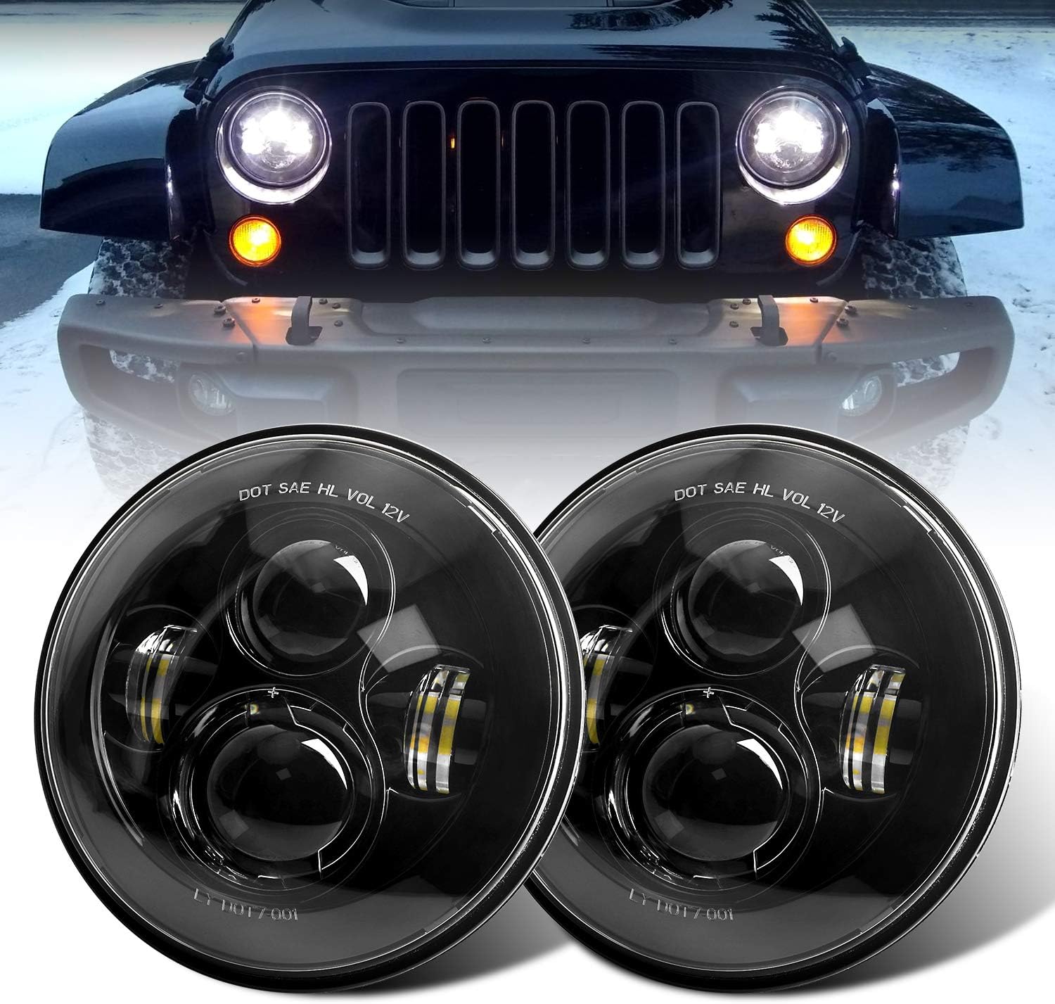 LX-LIGHT 7'' Round Black Cree LED Headlight High Low Beam Compatible with Jeep Wrangler JK TJ LJ CJ Hummber H1 H2 (Pair)