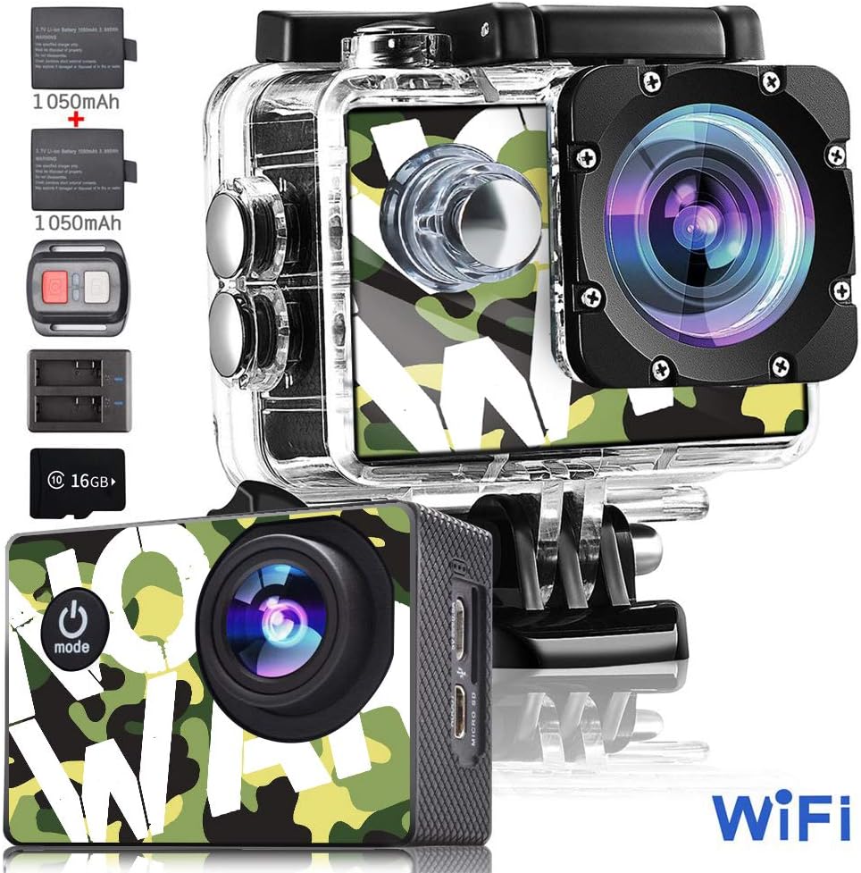 Gnolkee 4K WiFi Action Camera 16GB TF Card,16MP Underwater Video Camera 170 Wide Angle Sports Cam with Remote, 2 Batteries, 24 Accessories Mounting Kit - 20 Pack Pack of 2