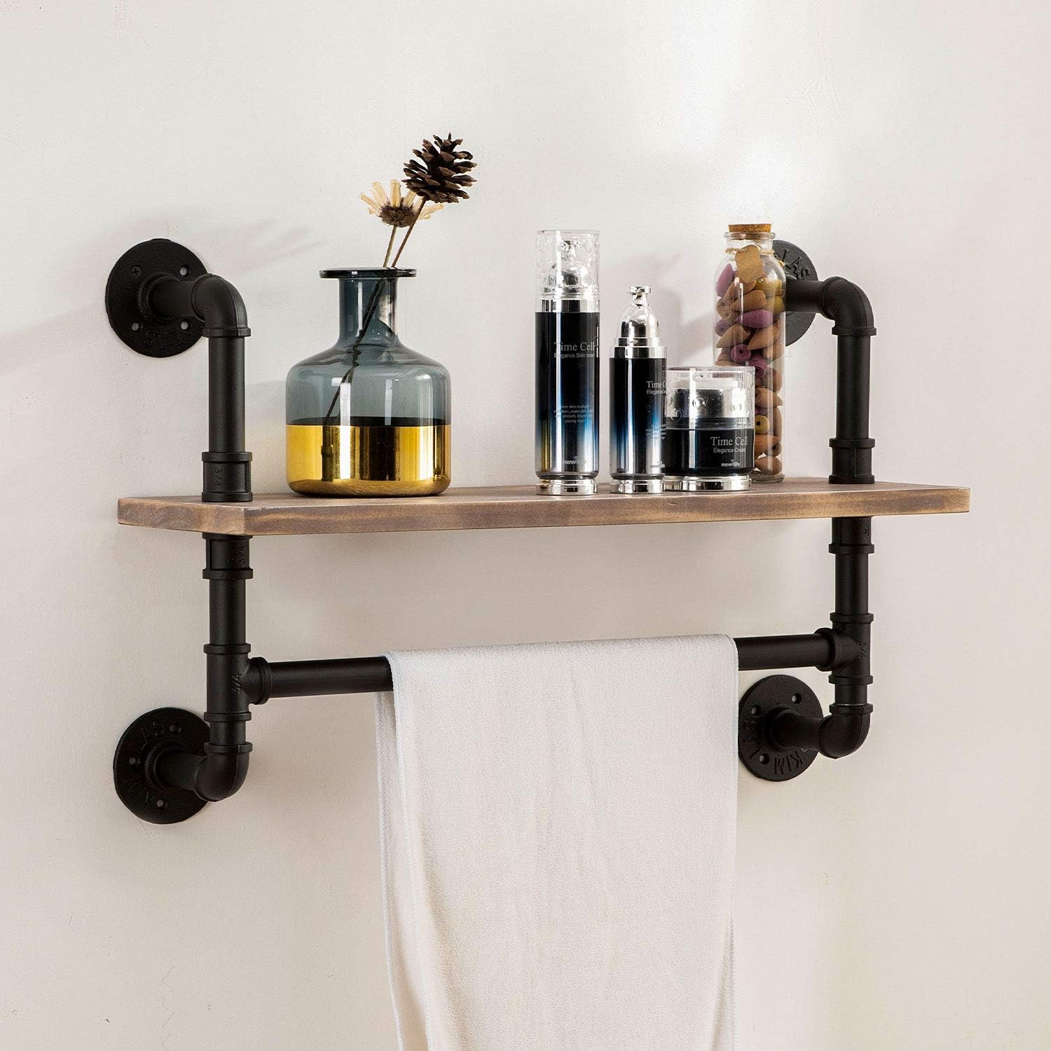 ROGMARS Industrial Pipe Wall Shelves with Wood Plank 24in Industrial Pipe Shelving Pipe Floating Wood Shelves for Bathroom and Farmhouse Metal Hung Bracket Bookshelf(3 Tier)