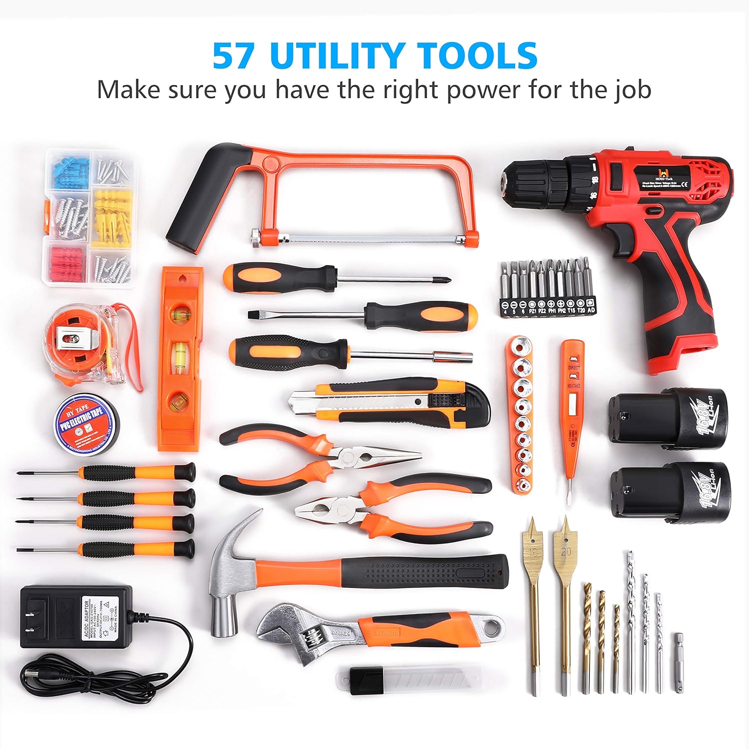 HOH-Tech Cordless Drill Driver Tool Kit, Power Tools Kit 108Pcs Household Power Tools Drill Set with 16.8V Home Cordless Repair Kit Tool Set Pack of 2