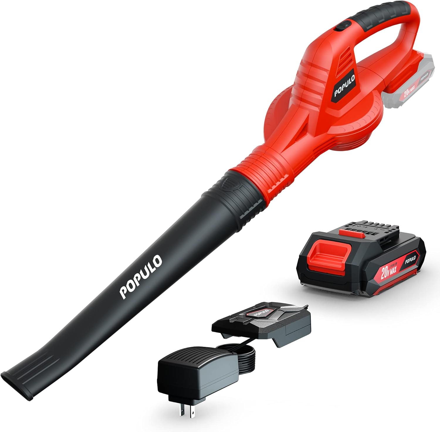 POPULO 20V Cordless Battery-Powered Leaf Blower, Lightweight and Compact Electric Blower with 2.0Ah Battery and Fast Charger Included, 150mph Wind Speed Air Blower for Lawn Care, Leaves, Snow Blowing&hellip;