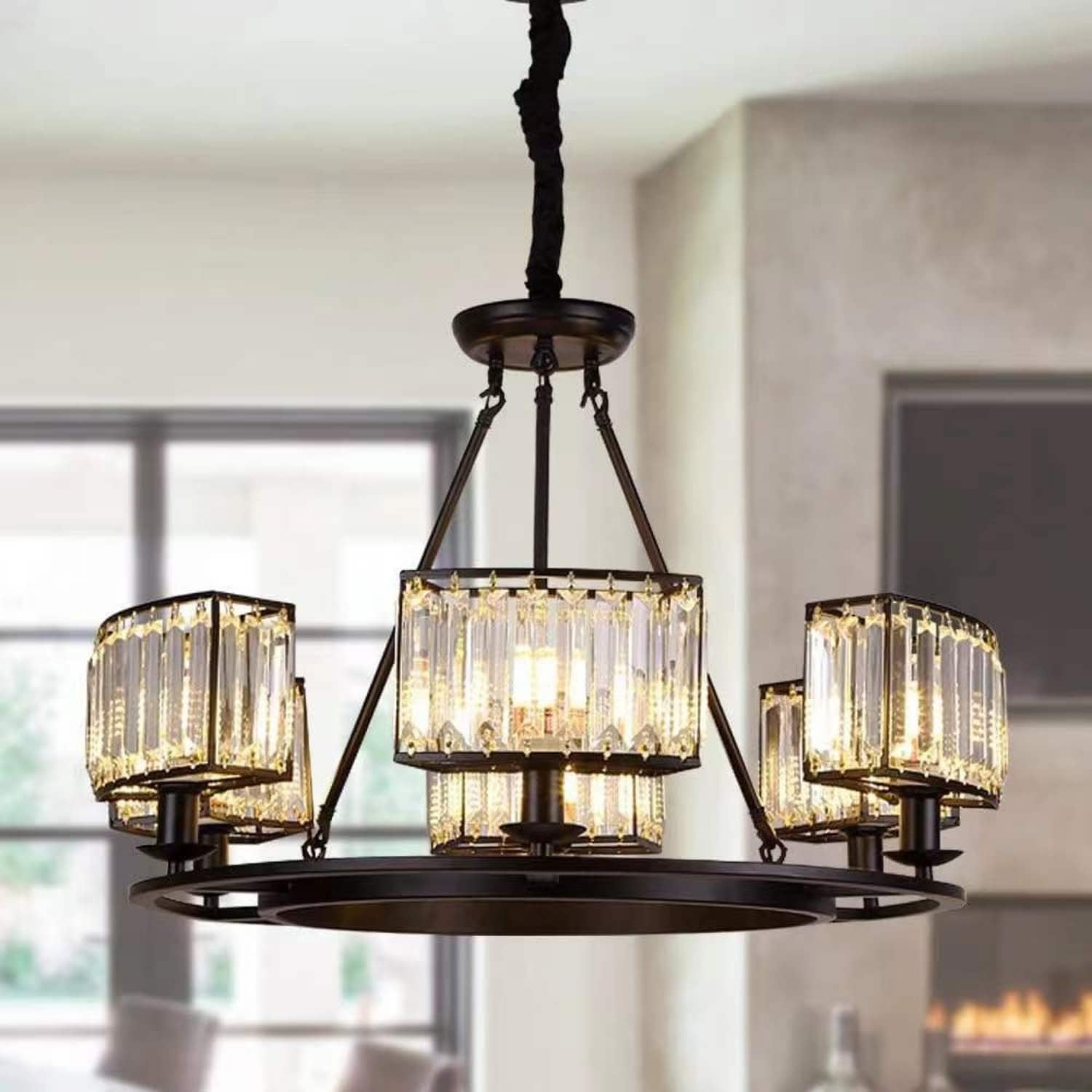 SILJOY Black Metal Round Crystal Chandelier Contemporary Luxury Pendant 6 Light Fixture Farmhouse Indoor for Cafe Dining Room Restaurant