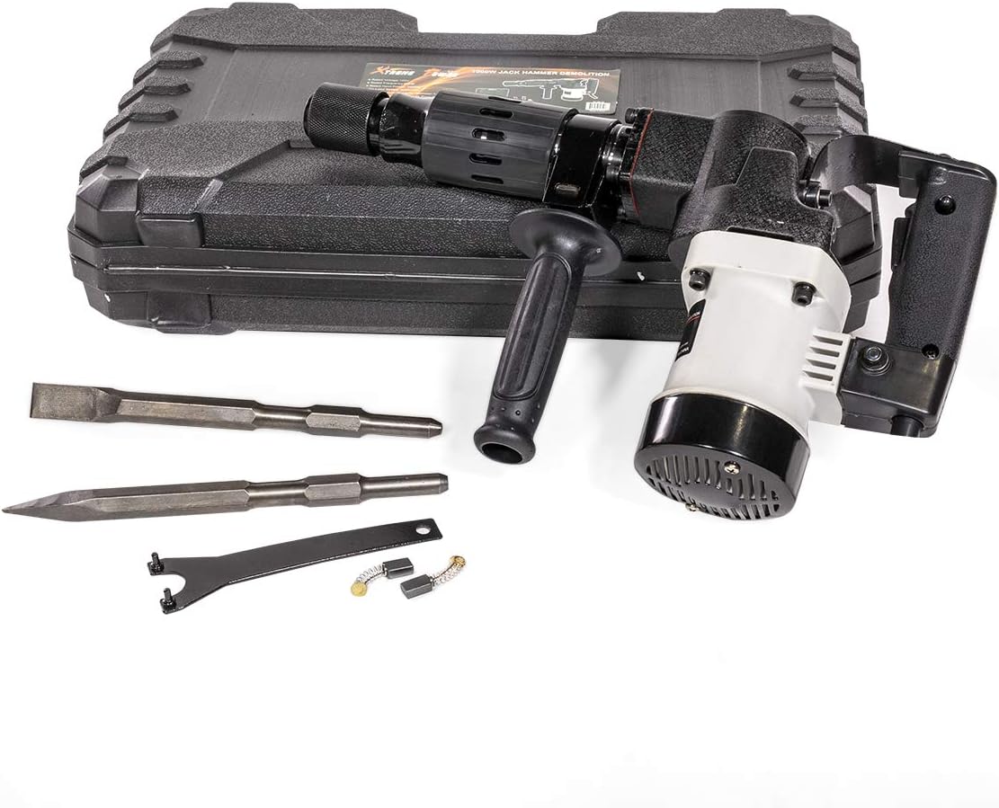 XtremepowerUS Demolition Electric Hammer Jack Hammer Handle 1000W Concrete Breaker Flat and Point Chisel Bits with Case