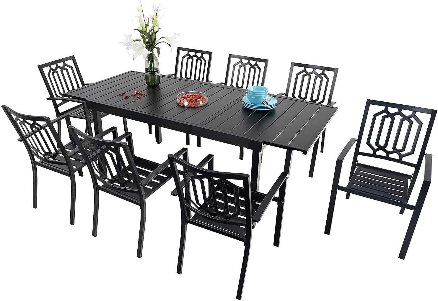 PHI VILLA Patio Dining Set 9 Pcs 1 Extendable Dining Table and 8 Outdoor Dining Chairs Metal Patio Bistro Stackable Chairs, Black for Outdoor Backyard Furniture Set