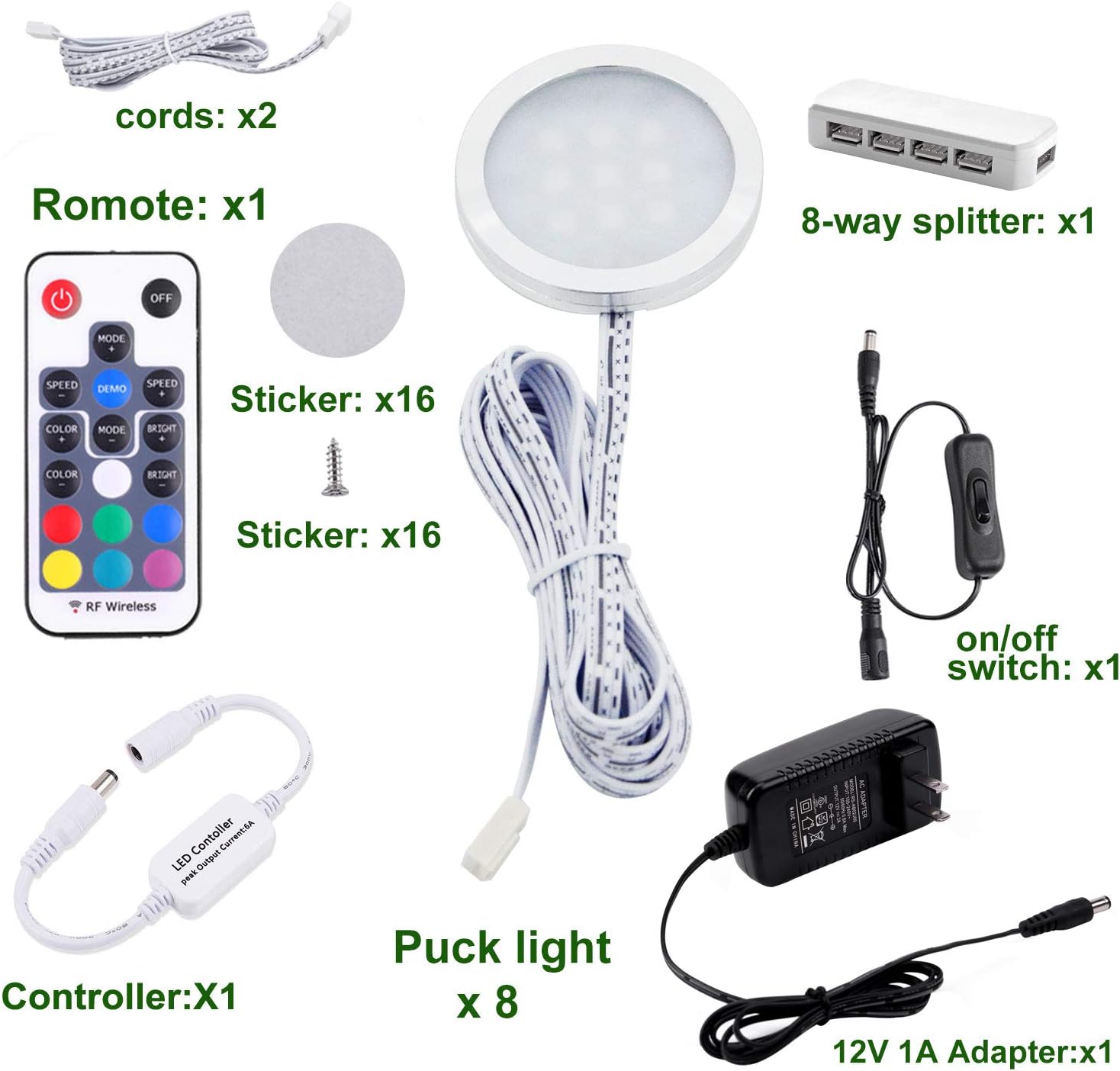 AIBOO RGB Color Changing LED Under Cabinet Lights Kit 8 Packs of Aluminum Slim Puck Lights for Xmas Decorating Kitchen Counter Shelf Furniture Ambiance Lighting Pack of 2