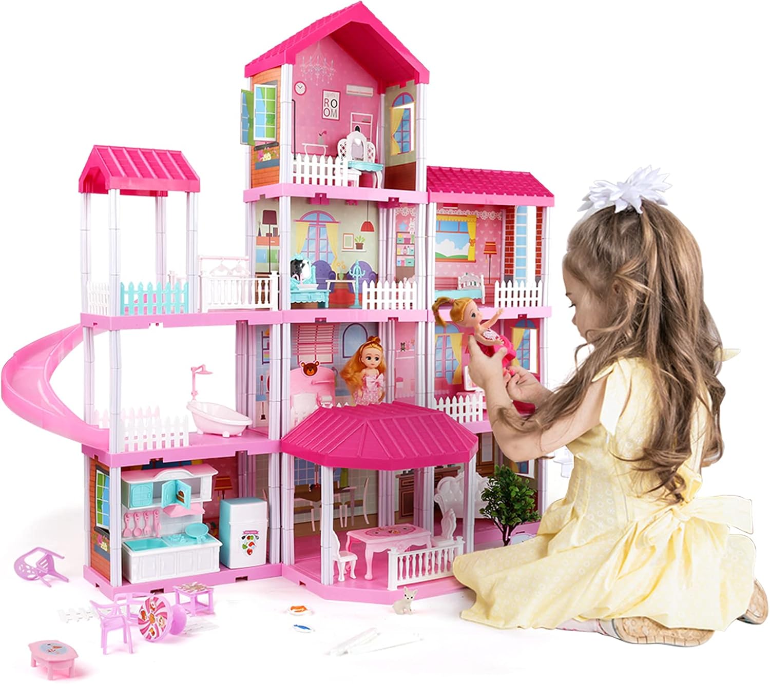 Doll House Dream House with Doll Toy Figures, Furniture and Accessories, 4-Story 11 Rooms Toddler Dollhouse Gift for Kids Ages 3+, Playhouse Toys for 3 4 5 6 7 Year Old Girls
