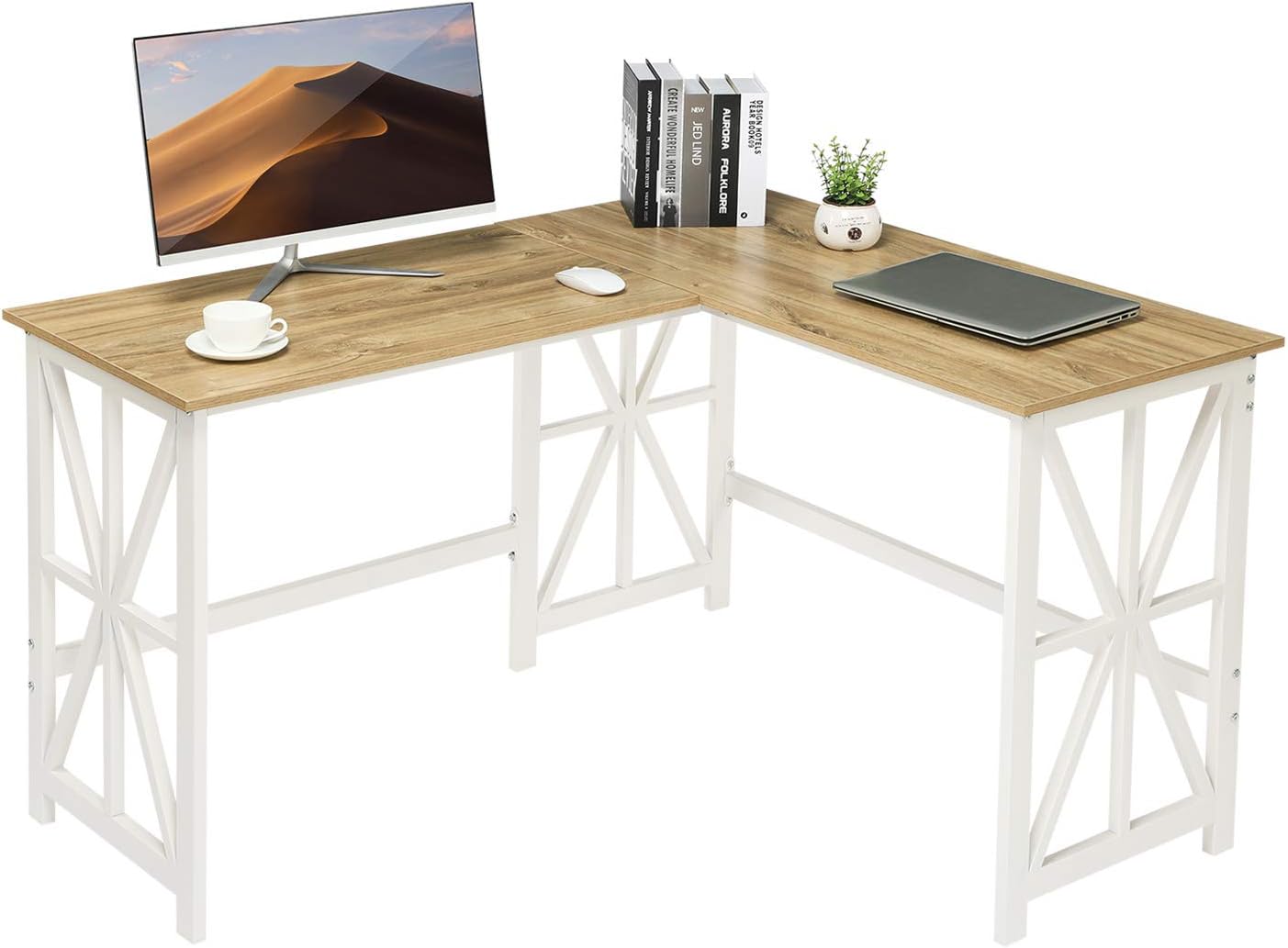 GreenForest L Shaped Corner Desk, Industrial Style Compact Design Computer Gaming Desk PC Laptop Workstation for Home Office, Oak