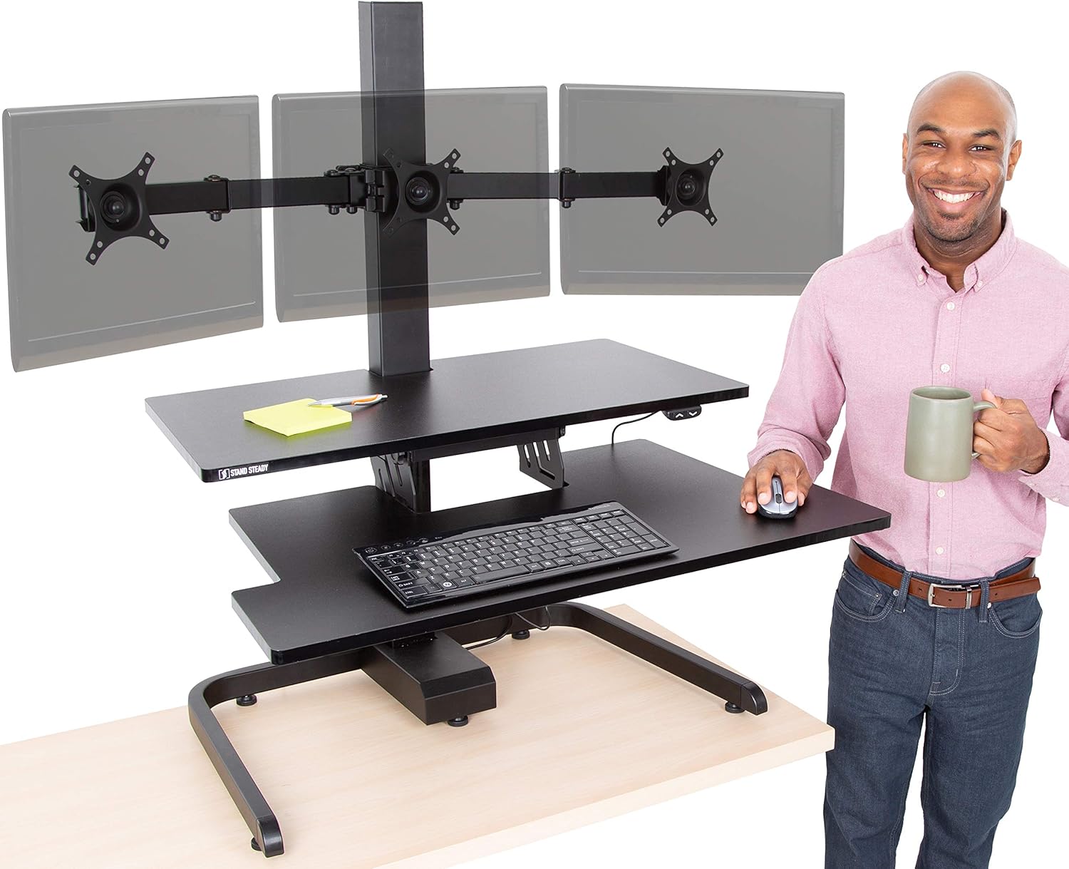 Stand Steady Techtonic | Electric 3 Arm Monitor Mount Standing Desk | Stand Up Desk Converter with Keyboard Tray Supports 3 Screens | Easy & Quiet Sit to Stand with the Push of a Button! (Black)