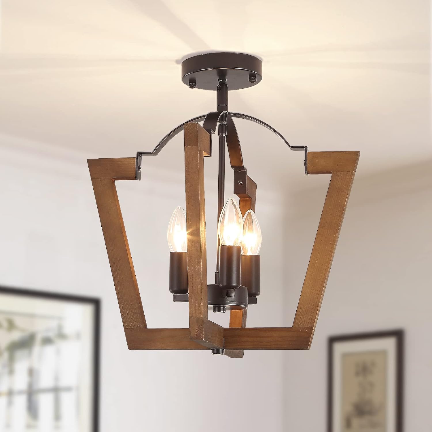 Ganeed Rustic Famhouse Ceiling Light with Metal and Wood Shape,Industrial 4 Lights Rectangle Semi Flush Mount Light Fixture for Hallway Bedroom Kitchen Entryway, Black(E26)