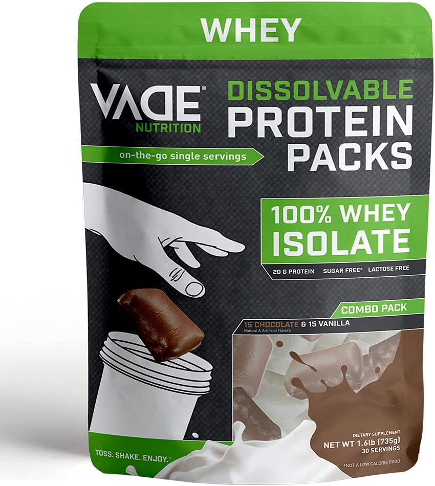 Vade Nutrition Dissolvable Protein Packs | Chocolate & Vanilla Whey Isolate Protein Powder, On-The-Go, Low Carb, Low Calorie, Lactose Free, Gluten Free, Fat Free, Sugar Free, Lean, Combo 30 Servings Pack of 2