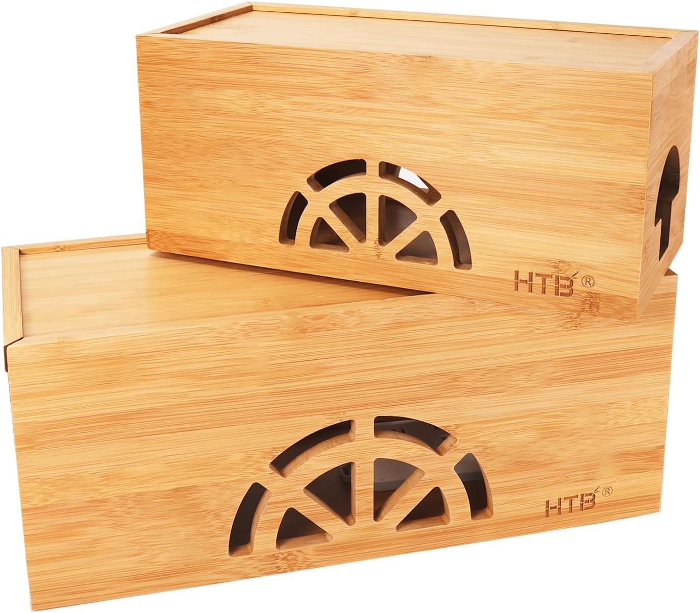 Cable Management Box Set of 2 by HTB, Large & Small Bamboo Cord Organizer Box to Hide Wires & Power Strips | Desk Computer Cable Management Box | Cable Storage | Cord Box Hider for Home & Office Pack of 2
