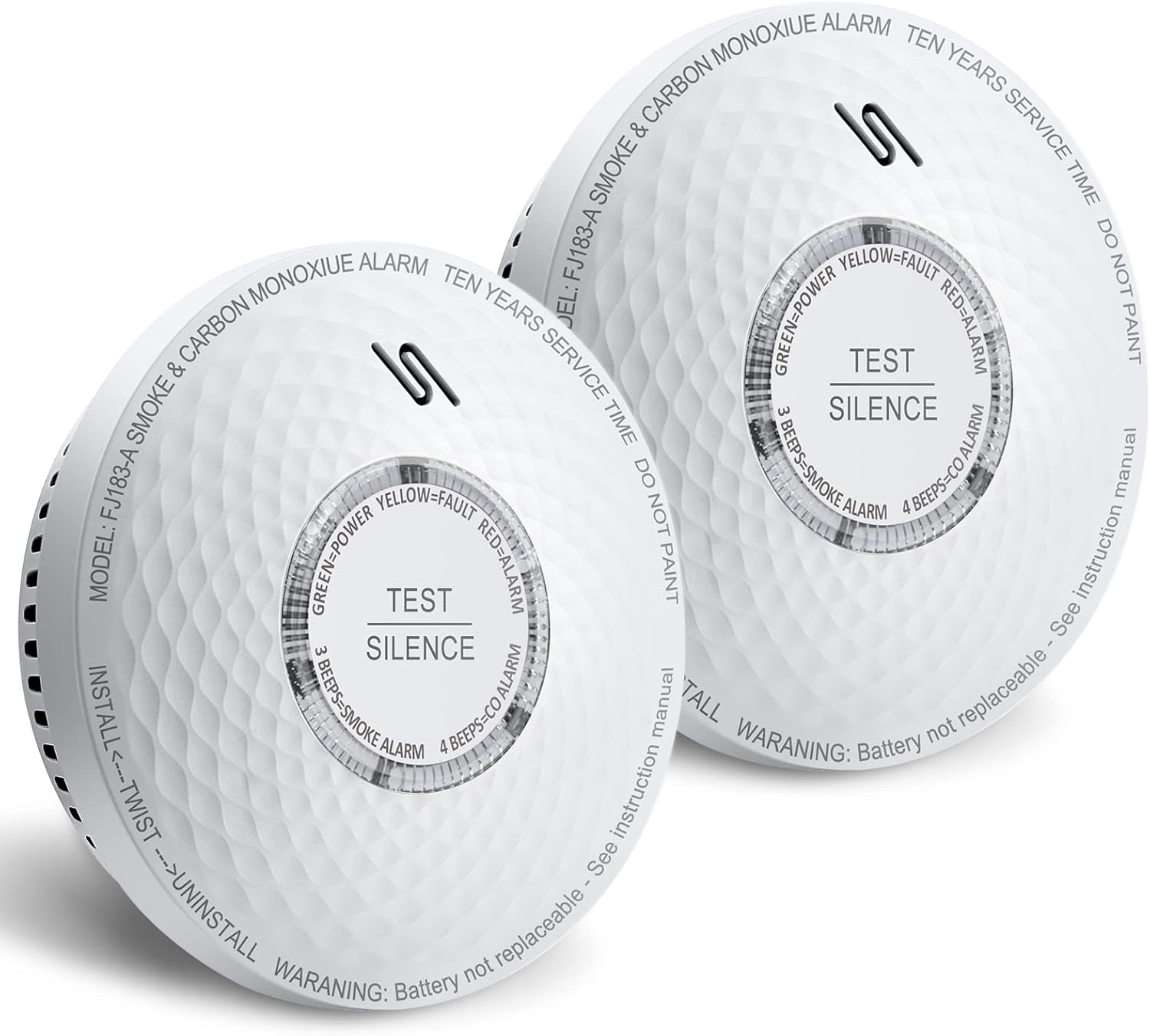 Ecoey Smoke & Carbon Monoxide Detector Alarm, 10 Year Battery Operated Combination Smoke & CO Dual Sensor with Silence Function,FJ183-A,2 Packs Pack of 2