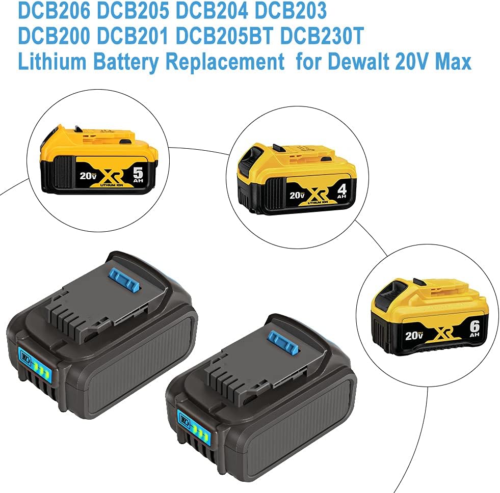 6.0 Ah Replacement Battery for Dewalt 20v Battery Max XR DCB206 DCB205 DCB200 2 Pack with Mount Holder Pack of 2