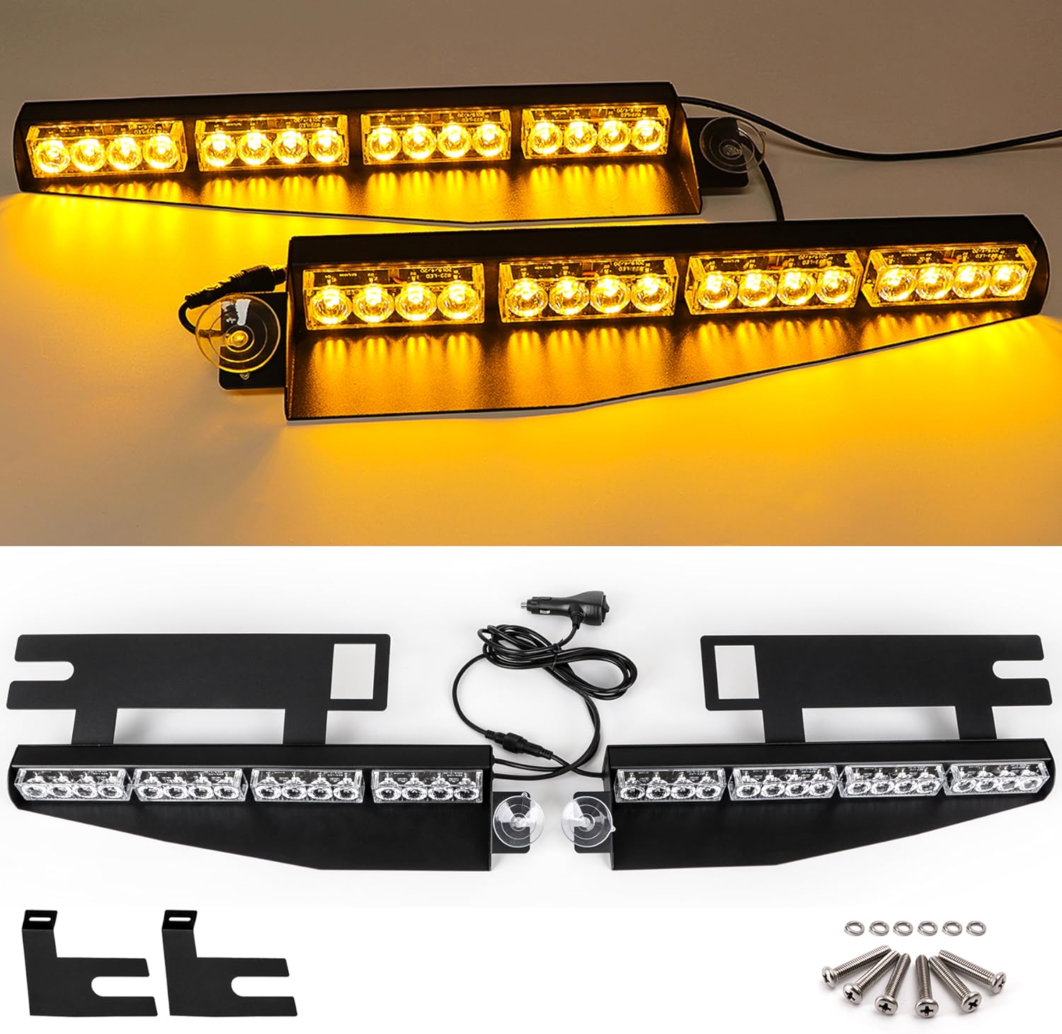 PIILOO 32LED Visor Strobe Light Bar 26 Flashing Mode Interior Windshield Dash Sunvisor Emergency Hazard Warning Lights Traffic Advisor Bracket Split Mount for Security Law Enforcement Truck (Red&Blue) Pack of 2