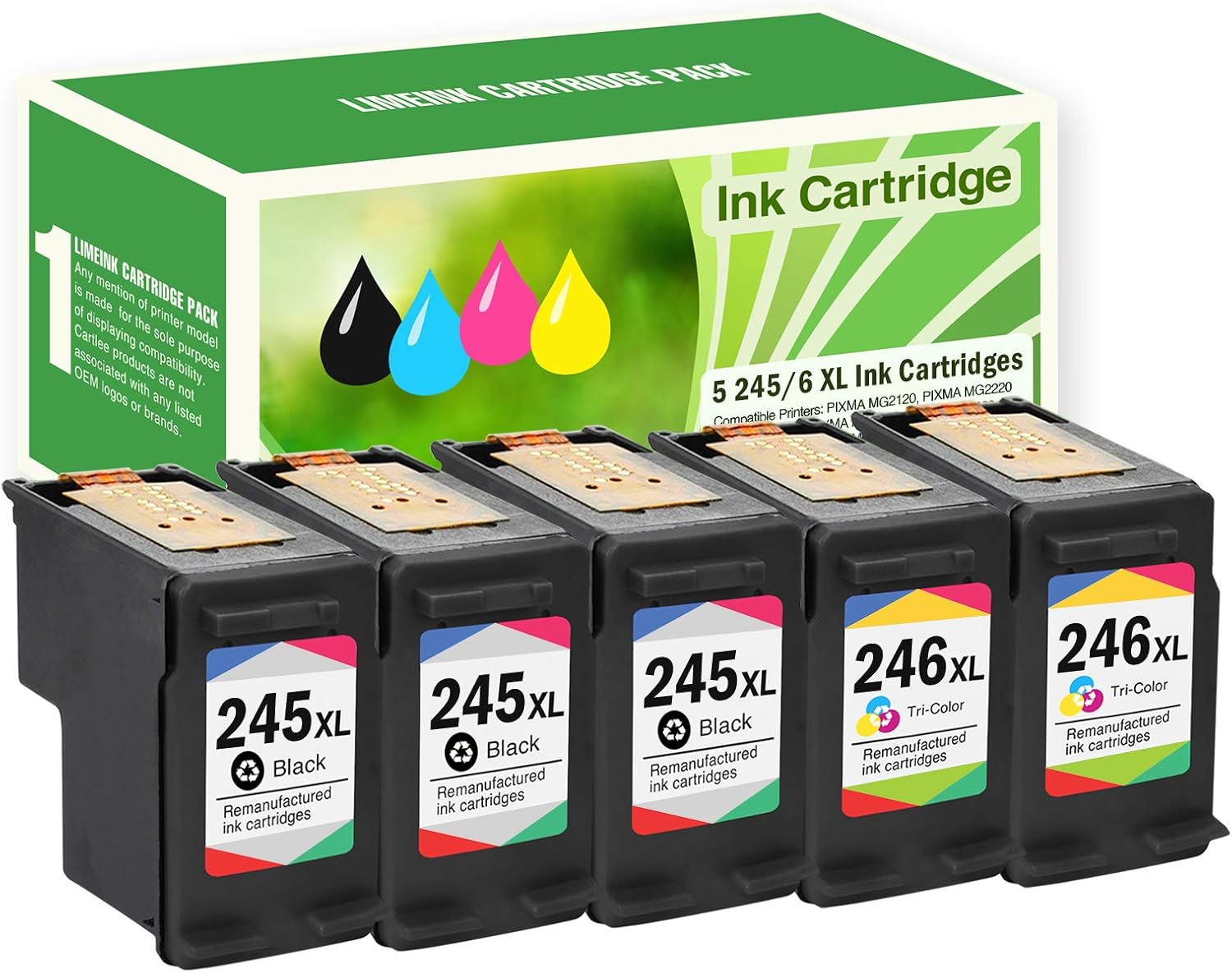 Limeink 5 Pack Remanufactured PG-245XL CL-246XL High Yield Ink Cartridges (3 Black, 2 Color) for Pixma iP2820 MG2420 MG2520 MG2920 MG2922 MG2924 MX492 Shows Accurate Ink Level