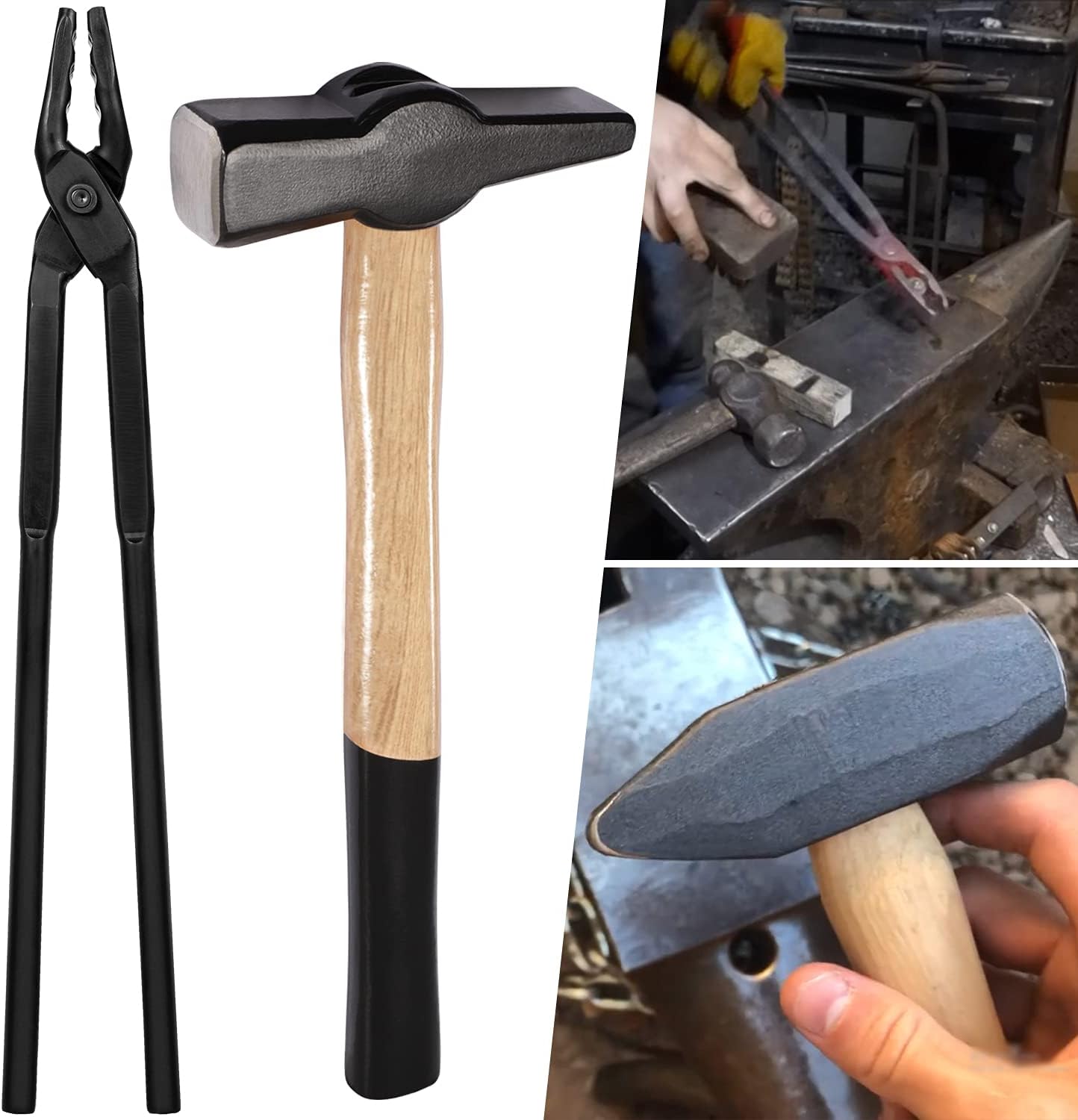 Bonbo Blacksmith Tool Set Wolf Jaw Tongs Blacksmith Tongs for Anvil, Knife Making & Blacksmiths' Hammer Metalworking Tool Striking Tool (0000811-1000) (17