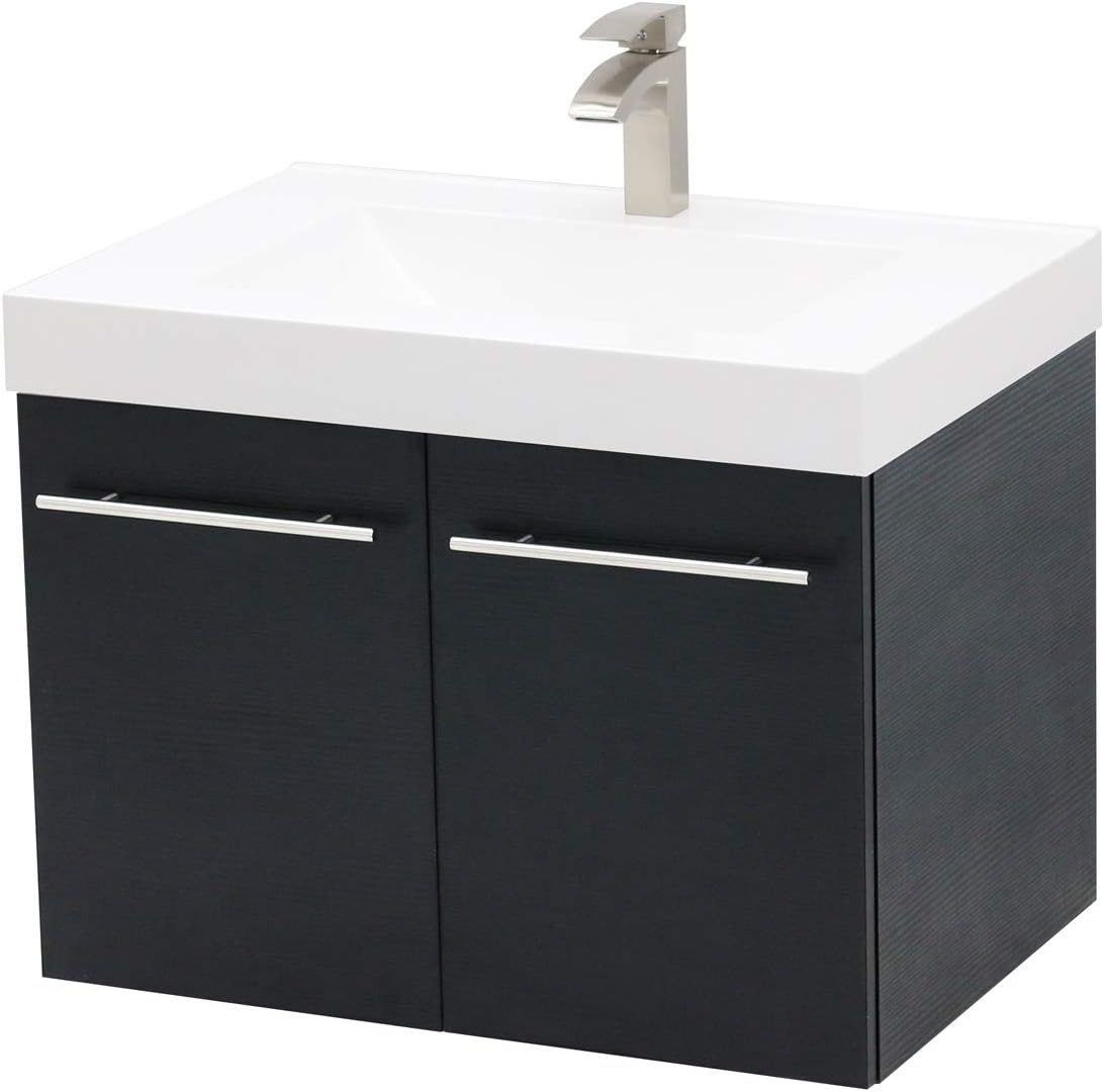 WindBay Wall Mount Floating Bathroom Vanity Sink Set. Black Vanity, White Integrated Sink Countertop - 35.25