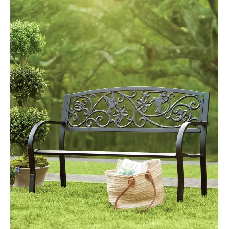 Cast Aluminum Outdoor Garden Bench with Hummingbird Design, Black