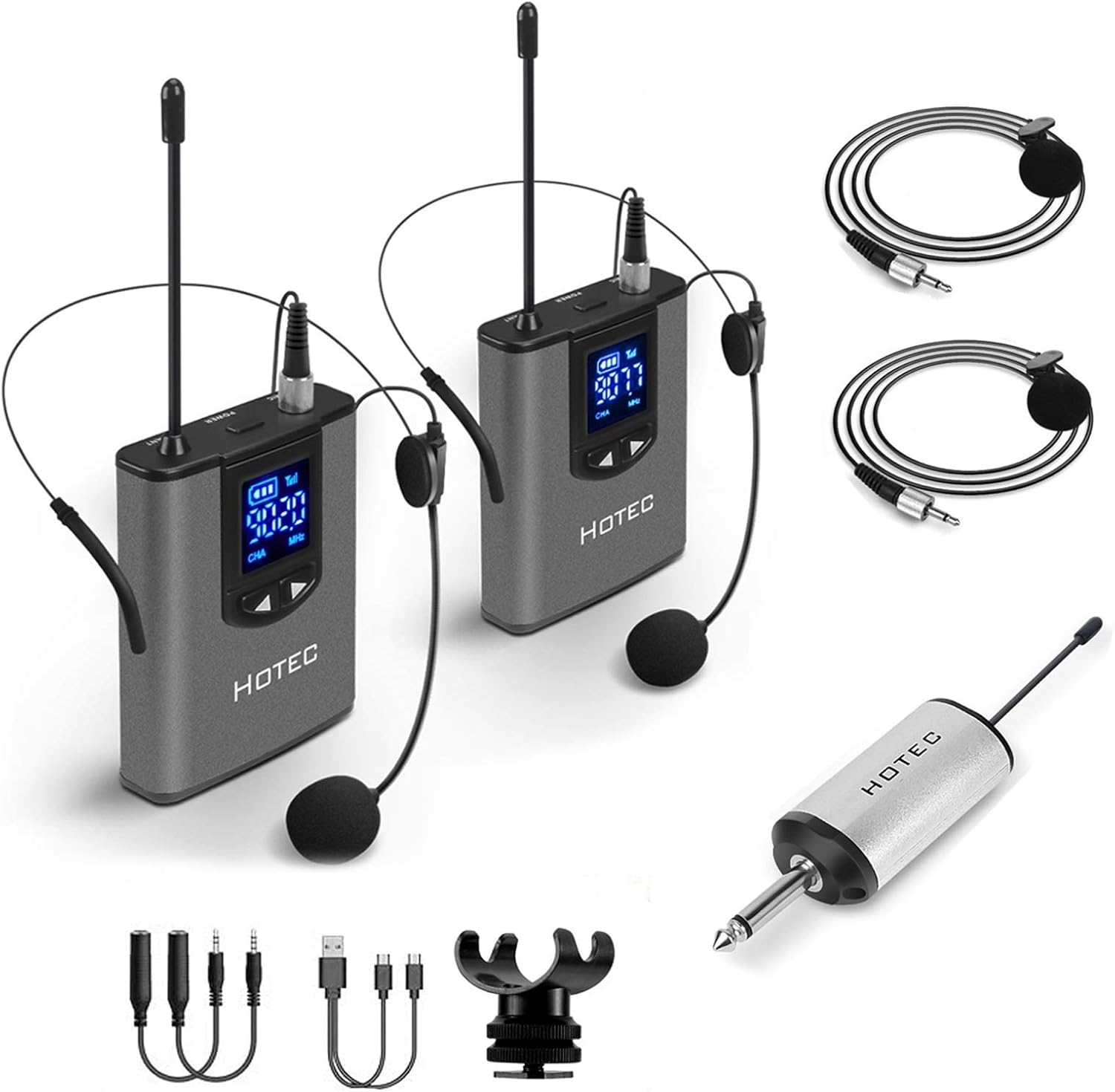 Hotec Wireless System with Dual Headset Microphones/Lavalier Lapel Mics and Bodypack Transmitters and One Mini Rechargeable Receiver 1/4