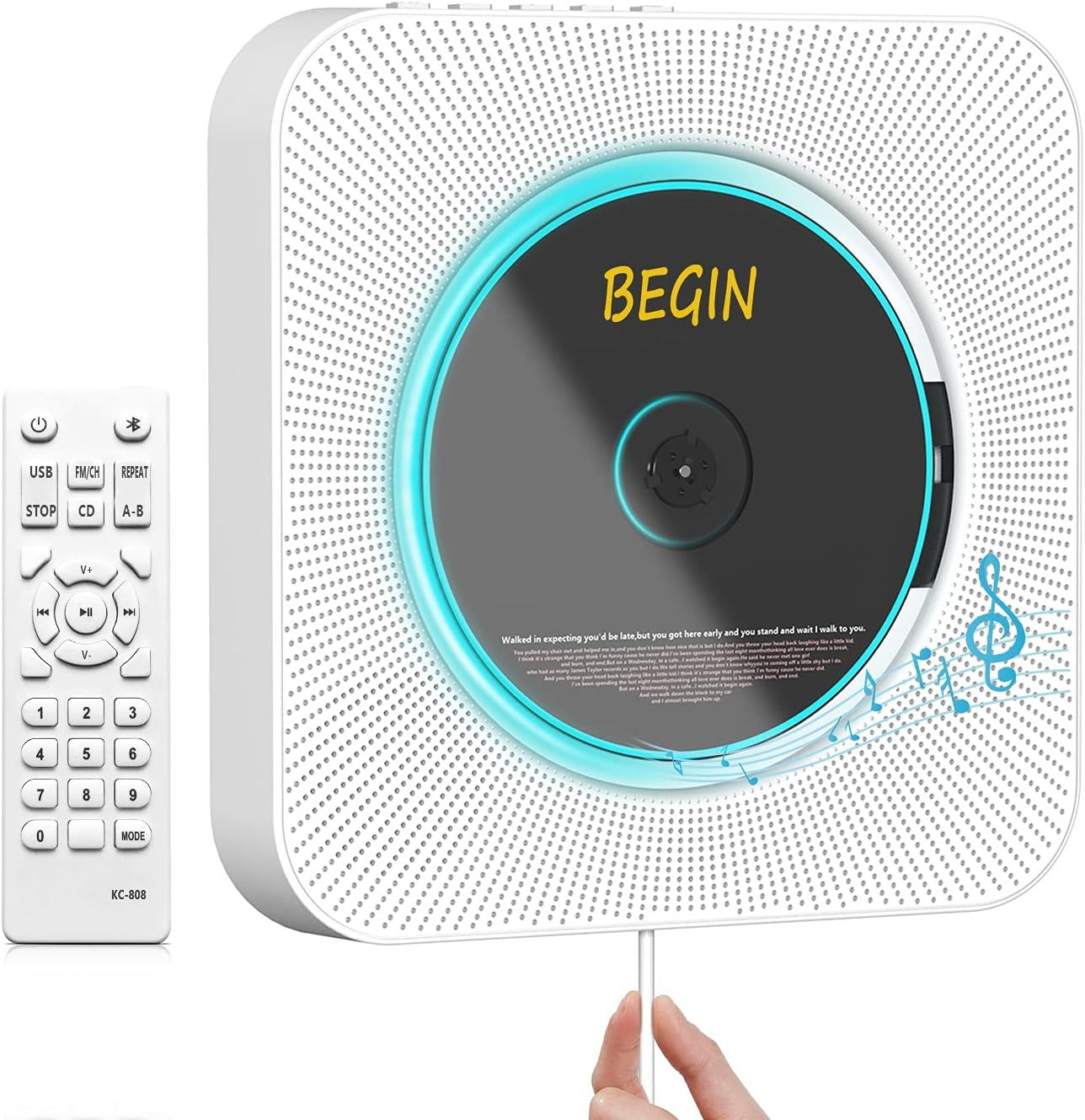 AONCO Portable CD Player,Bluetooth Wall-Mounted CD Music Player Home Audio Speaker,with Remote Control FM Radio Built-in HiFi Speaker,Headphone Jack AUX Input,White