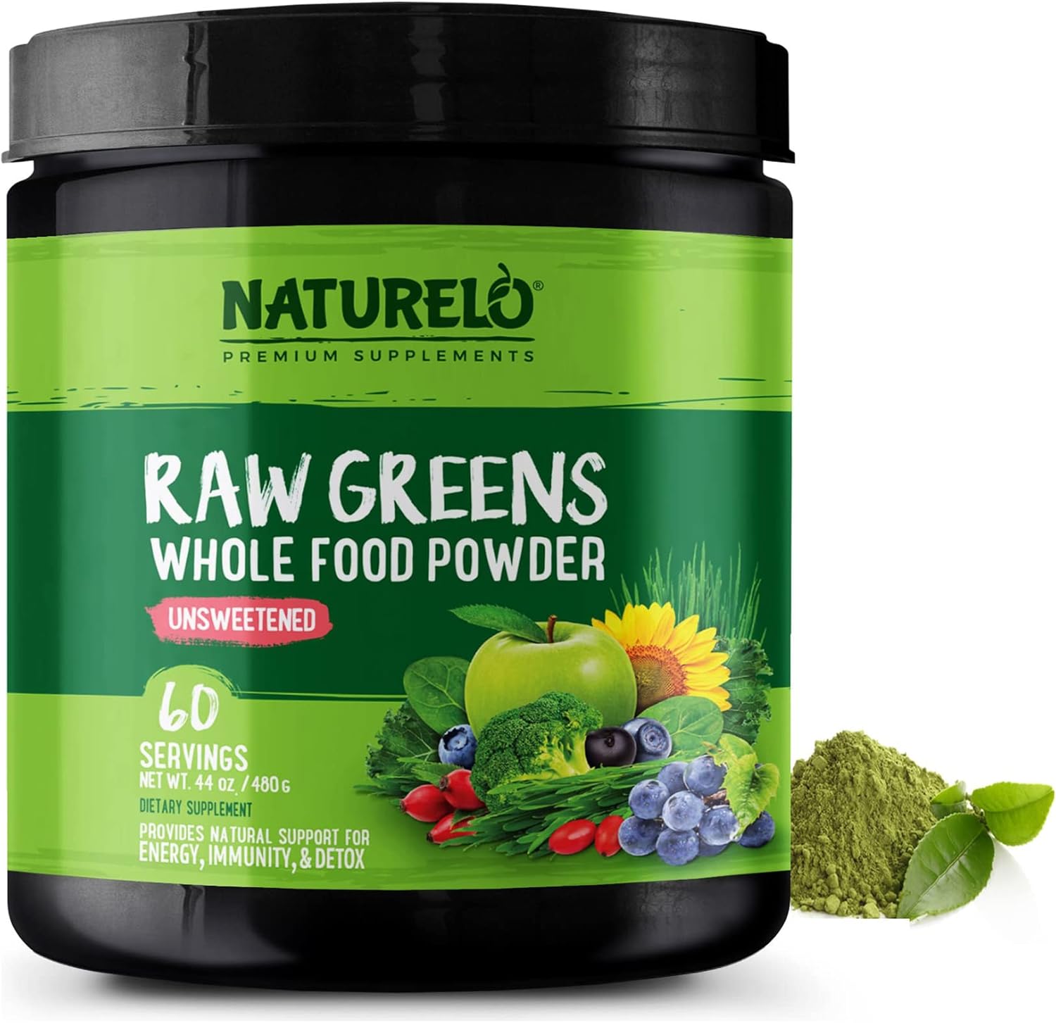 NATURELO Raw Greens Superfood Powder - Unsweetened - Boost Energy, Detox, Enhance Health - Organic Spirulina - Wheat Grass - Whole Food Nutrition from Fruits & Vegetables - 60 Servings Pack of 2