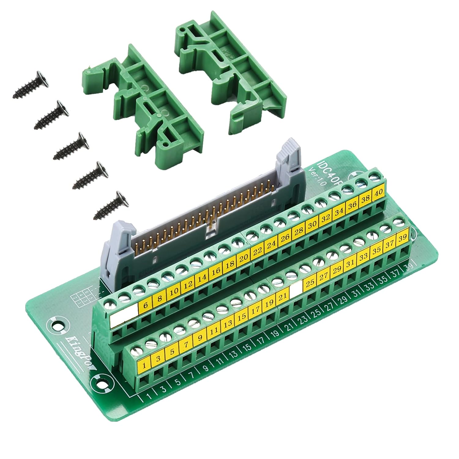 Jienk IDC40 Breakout Board 2x20 40Pins Male Header Terminal Block Connector with C45 DIN Rail Mounting feet for PLC MCU Flat Ribbon Cable Pack of 2