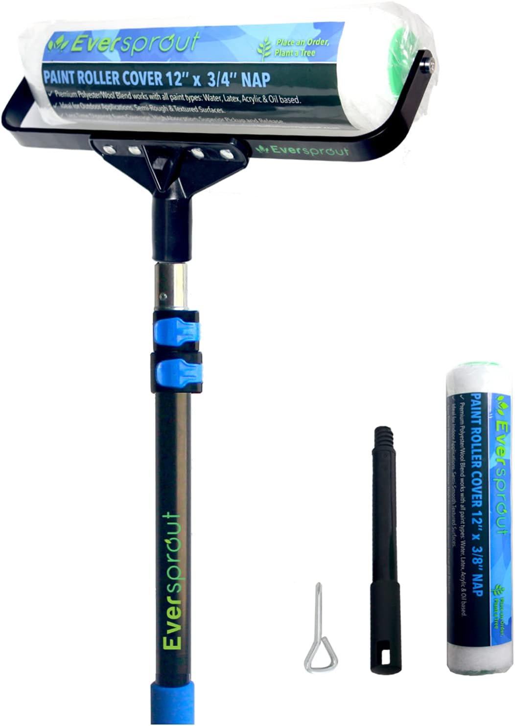 EVERSPROUT 7-to-19 Foot Paint Roller Kit (25 Ft. Reach) | Extra Wide 12-inch Roller Frame, Extension Pole, 1x Poly-Wool Roller Cover for Indoor/Outdoor | Works w/All Paint Types