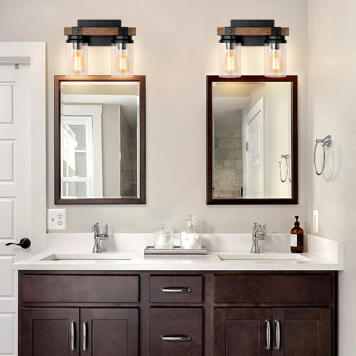Rustic Bathroom Vanity Light Fixtures, 2-Lights Farmhouse Bathroom Light Fixtures Over Mirror with Clear Glass Shade, Black Wall Sconce for Bathroom Hallway Bedroom (2 Light)