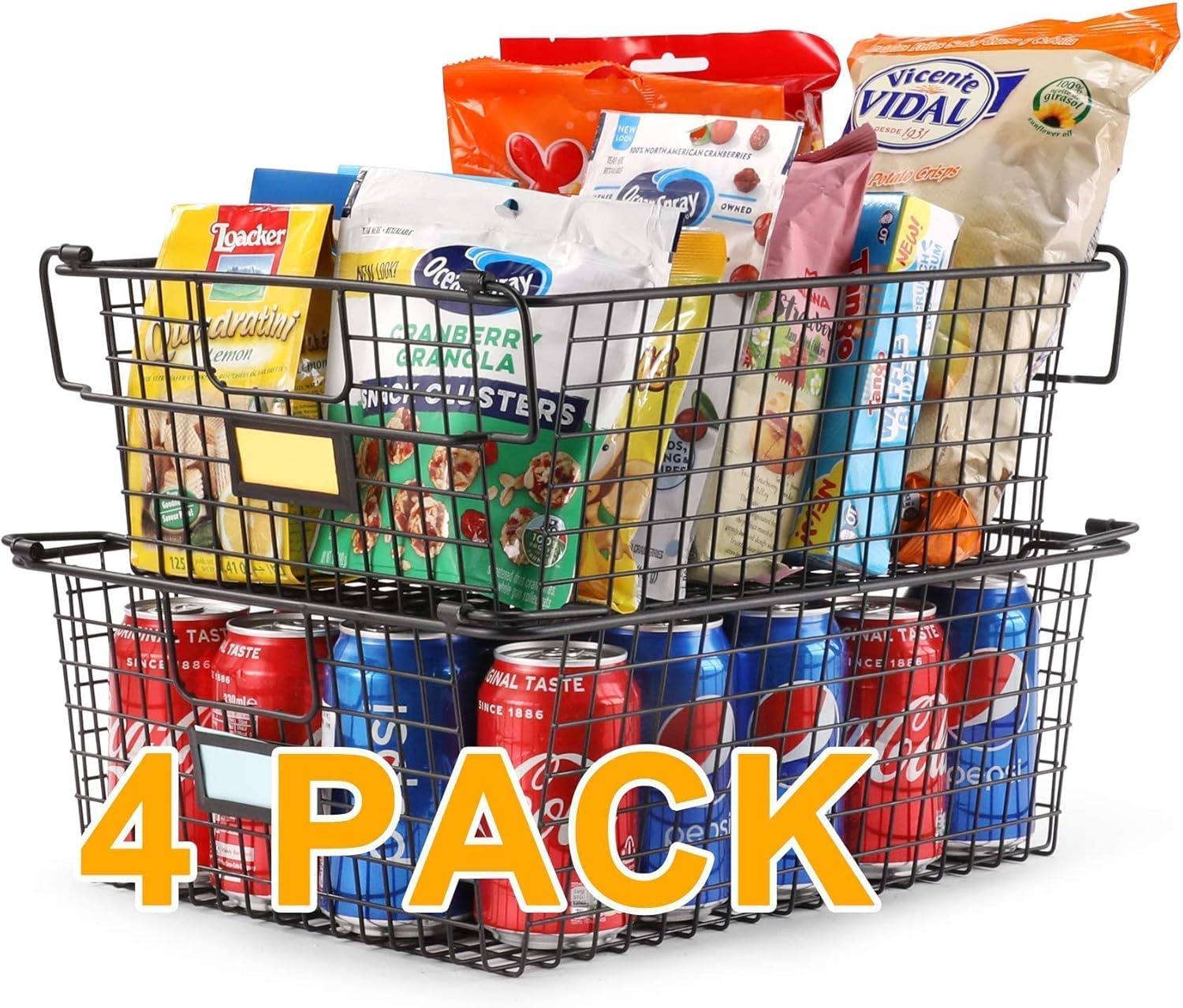 4 Pack [ XXXL Large ] Stackable Wire Baskets For Pantry Storage and Organization - Metal Storage Bins for Food, Fruit - Kitchen Bathroom Closet Cabinets Countertops Organizer Pack of 2