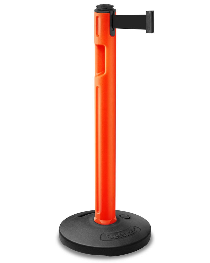 Lavi Industries 80-5000OR1-SF Plastic Post Tempest Outdoor Stanchion with 12 ft. Orange Retractable Barrier, Safety Yellow Hatch