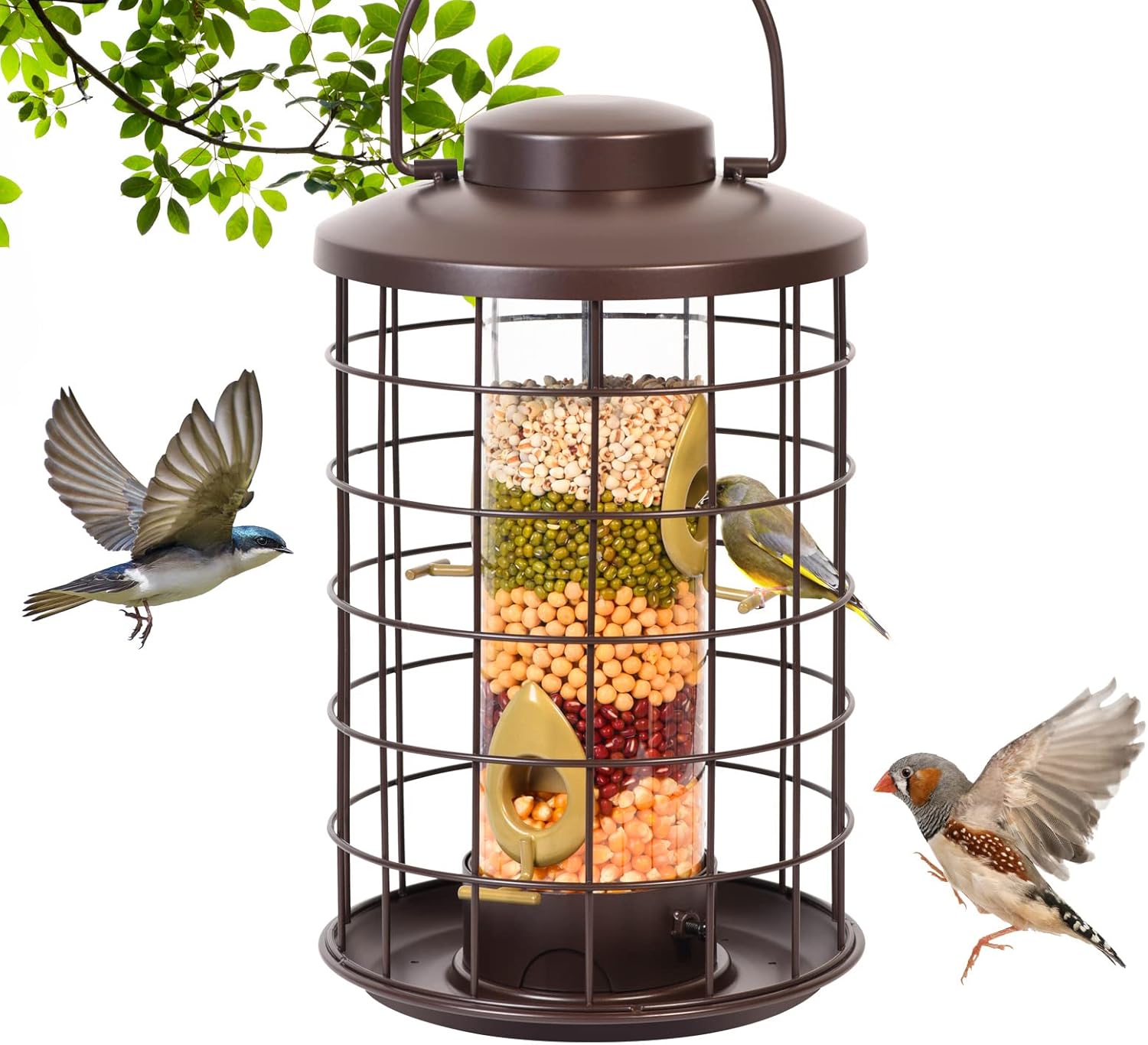 Mosloly Cage Bird Feeder for Outside Wild Bird Feeders, Durable Metal Mix Seed Tube Feeder, Adjustable Feeding Ports, 2.6-Pound Seed Capacity, Perfect Garden Decoration, Green Pack of 2