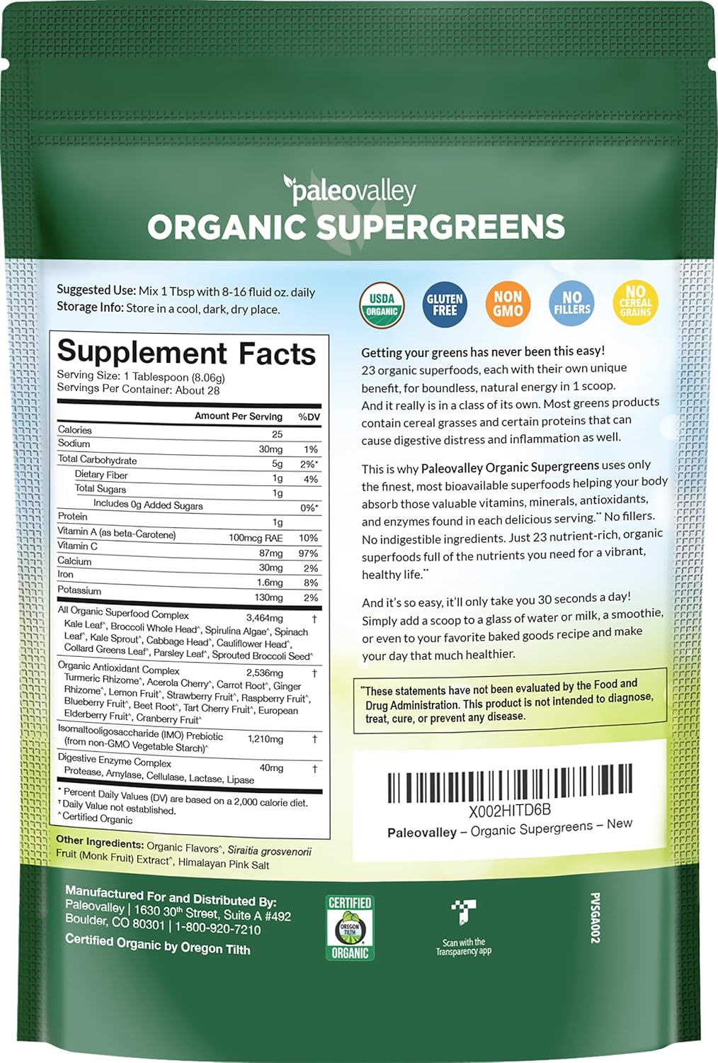 Paleovalley Organic Supergreens - Organic Greens Powder Superfood for Immune Support - Paleo Green Powder Blend - 28 Servings - 23 Organic Superfoods - Gluten Free, No Cereal Grasses, Soy or Grains Pack of 2