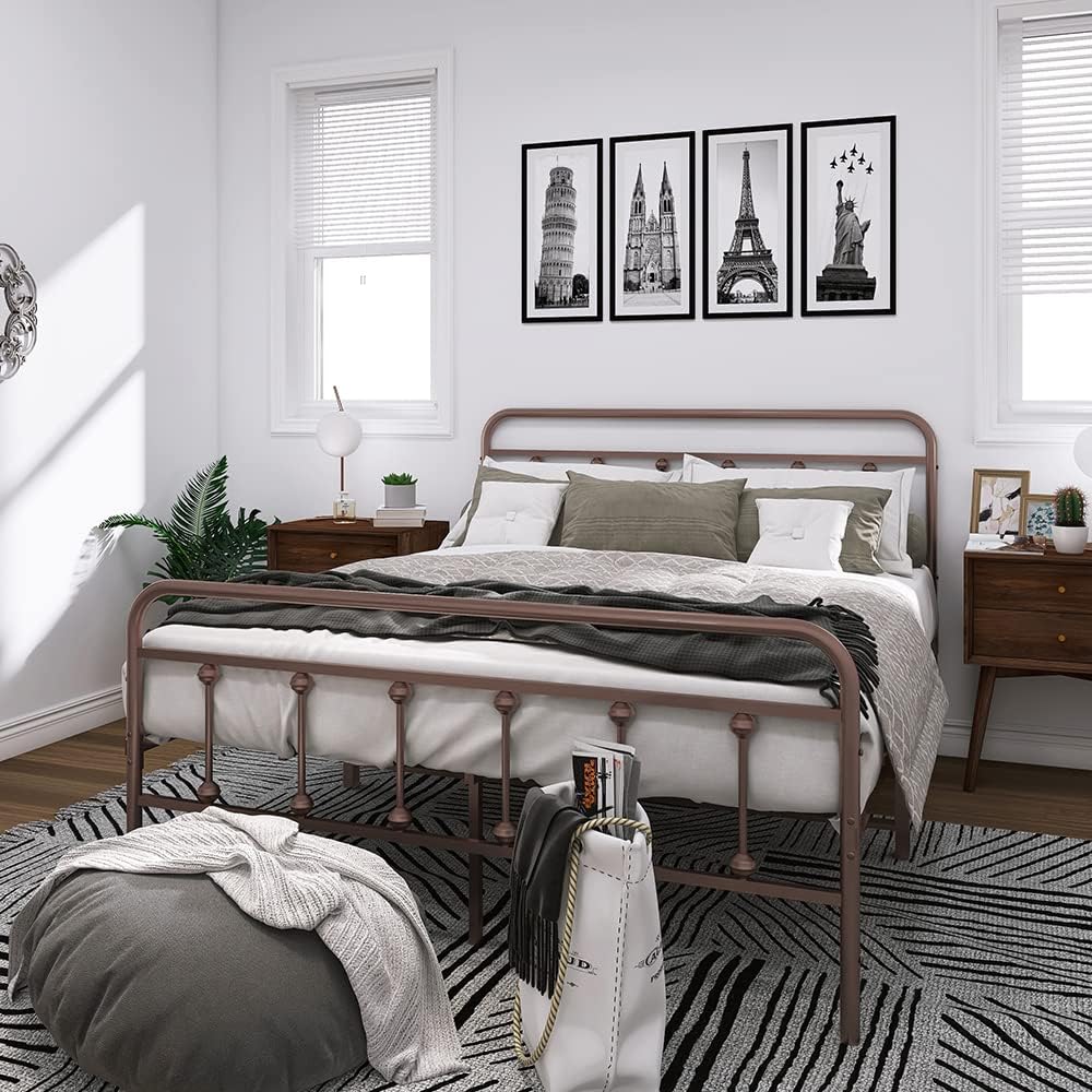 H HESTINYSUS Metal Bed Frame with Vintage Headboard and Footboard, Premium Stable Steel Slat Support Mattress Foundation, No Box Spring Needed and Easy Assembly, Gray Black (Queen)