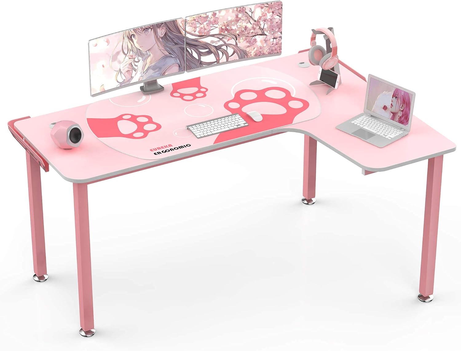 EUREKA ERGONOMIC Gaming Desk,60 Inch L-Shaped Pink Computer Desk, Study Writing Table for Home Office Wood & Metal,Cute Gaming Desk with Free Mouse Pad for Girls, Space-Saving, Easy to Assemble, Pink