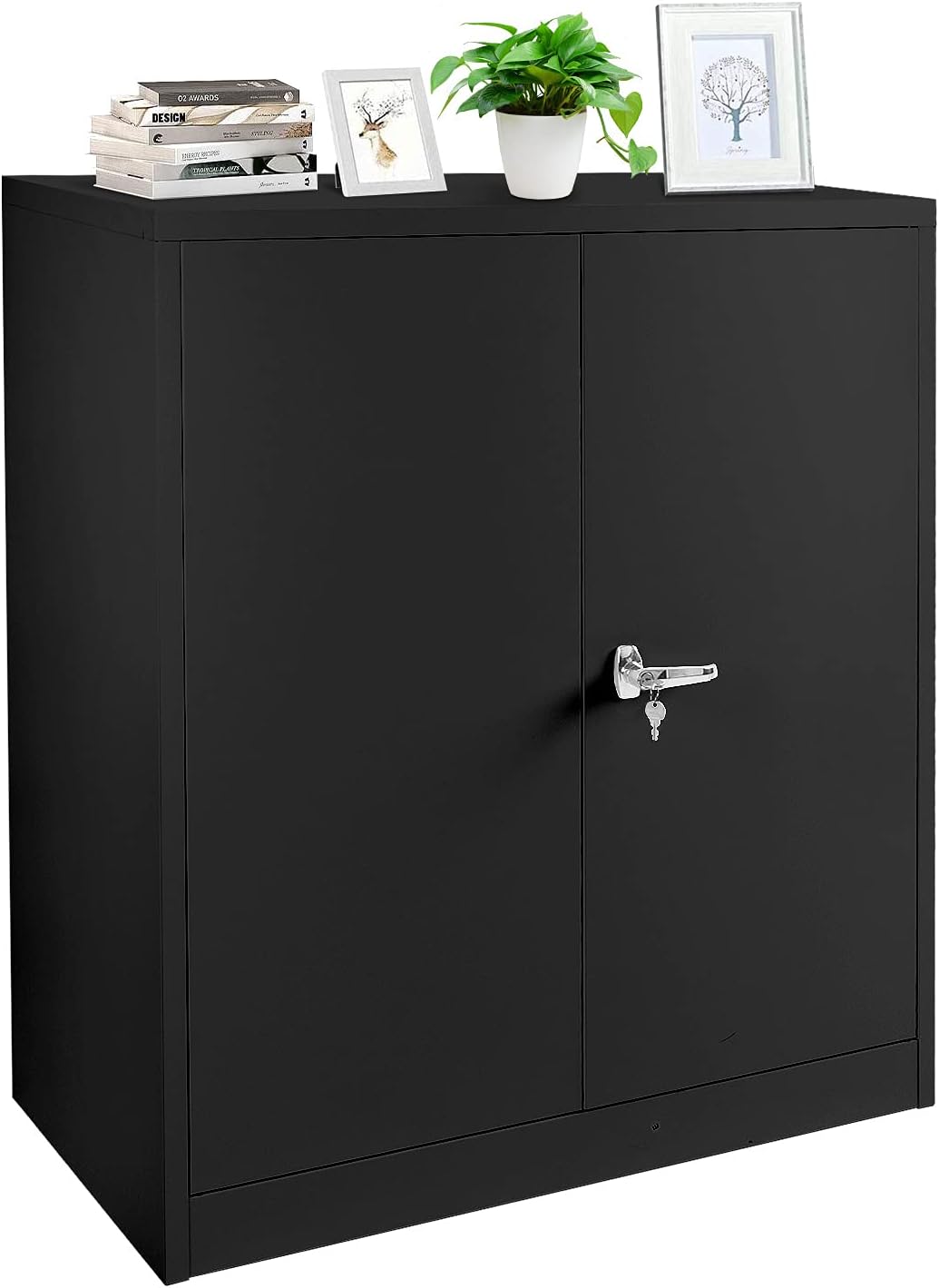 Metal Storage Cabinet with Locking Doors, Lockable Steel Storage Cabinet with 2 Doors and Shelves, Black Metal Cabinet with Lock, Small Steel Cabinet for Office, Garage, Home, Shop INTERGREAT