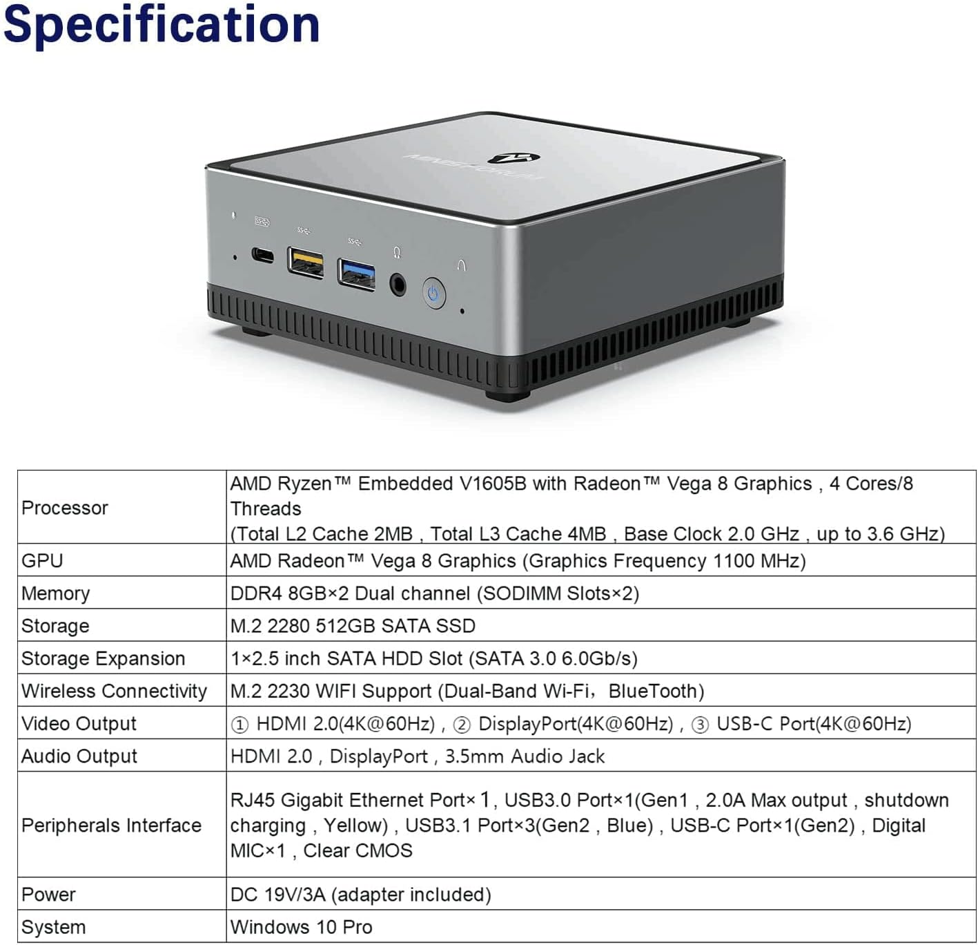 Mini PC AMD Ryzen | 16 GB RAM 512 GB SSD | Radeon Vega 8 Graphics | Dual WIFI5 BT 5.1 | 4K HDMI / Display/USB-C | RJ45 2.5 Gigabit | 4X USB |Small Form Factor