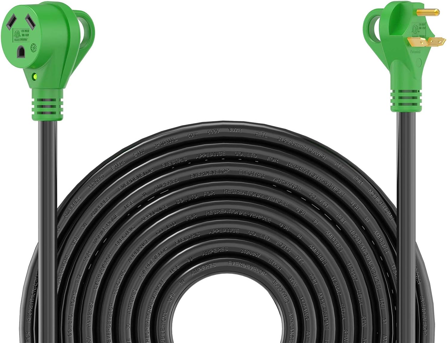 RVGUARD 30 Amp 30 Feet RV Power Extension Cord, Heavy Duty STW 10AWG 3 Wire with LED Power Indicator and Cord Organizer, 30 Amp Male to 30 Amp Female Standard Plug, Green, ETL Listed Pack of 2