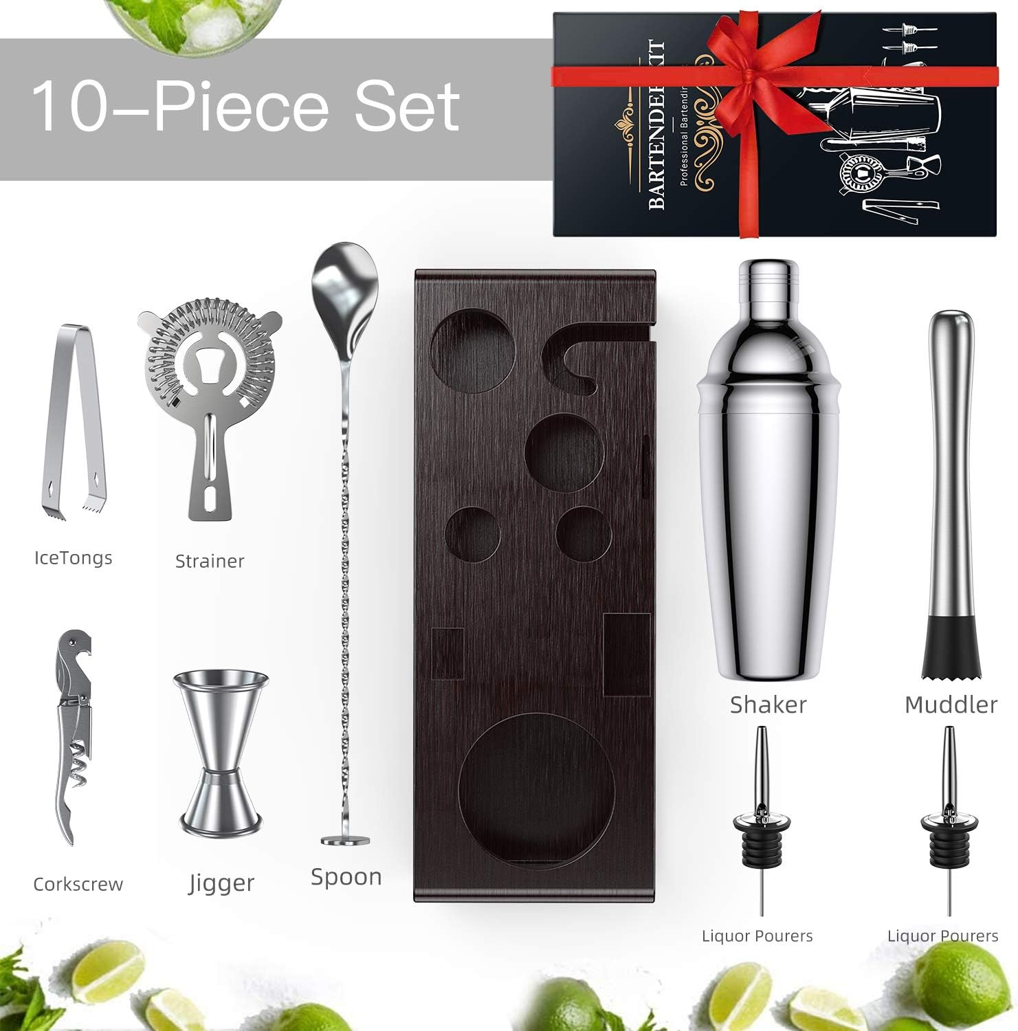 Kasmotion Cocktail Shaker Set with Stand, Stainless Steel Bartender Kit with 10-Piece Bar Tools/Bar Accessories for Home, Bars Pack of 2