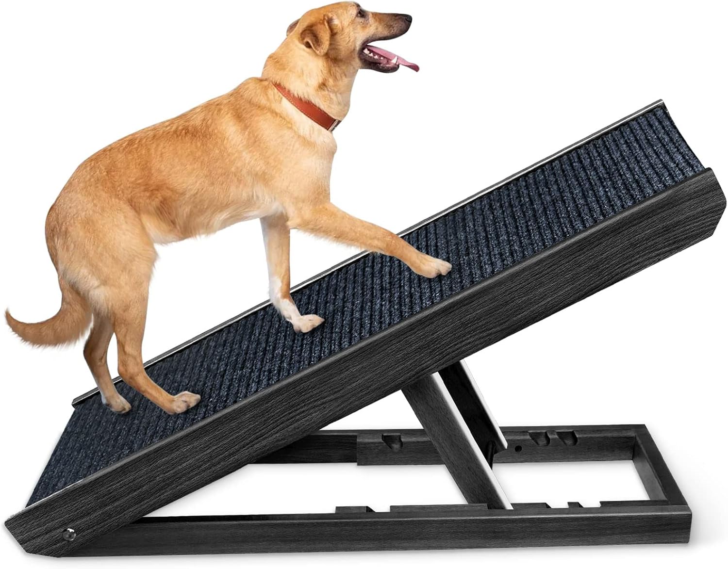 Peclot Adjustable Pet Ramp, Folding Portable Natural Wooden Ramp for All Dogs & Cats, Non Slip Carpet Surface Ramp for Bed, Couch &Car (Black, 39.4” x 15.7”)